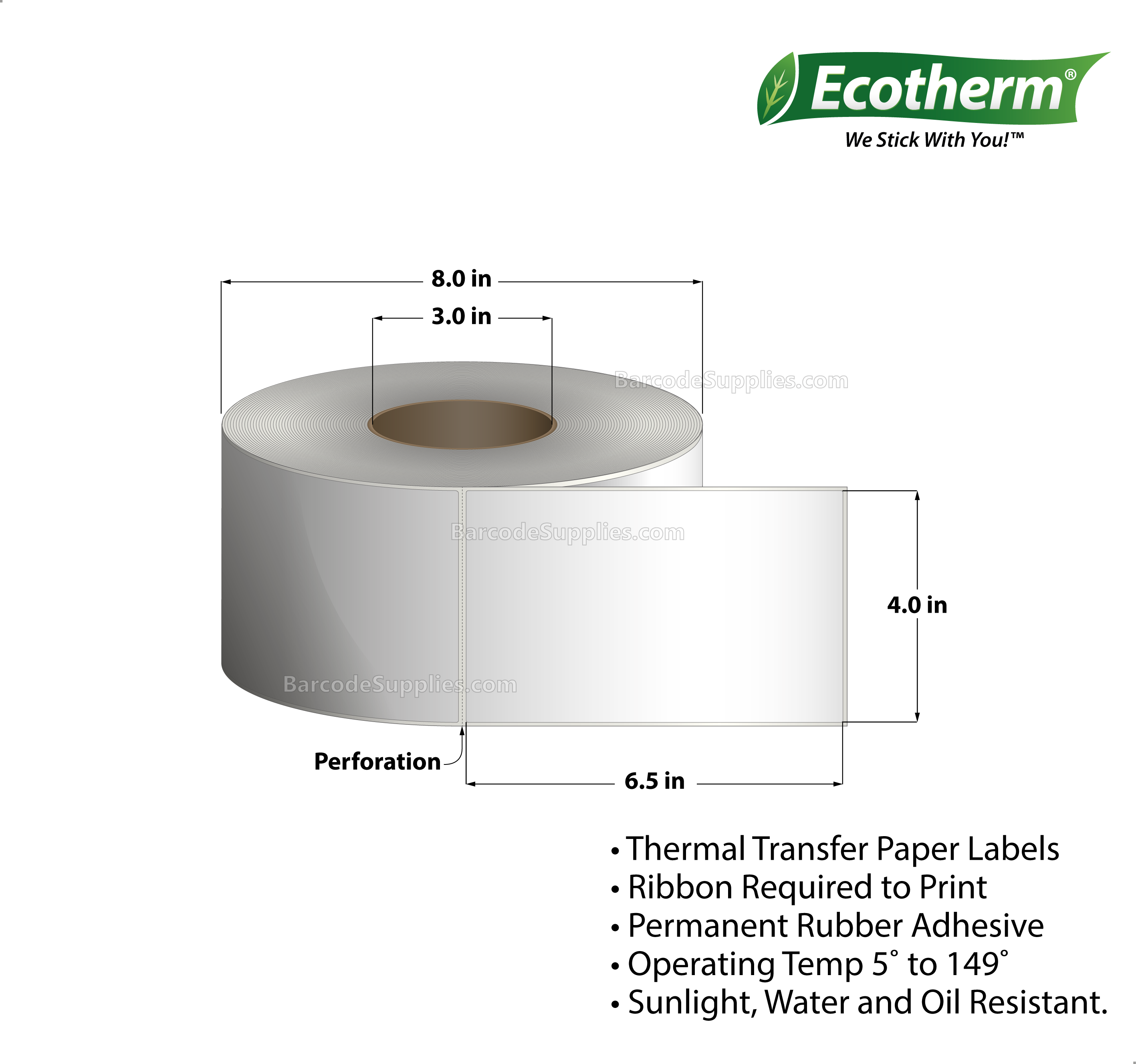 4 x 6.5 Thermal Transfer White Labels With Rubber Adhesive - Perforated - 925 Labels Per Roll - Carton Of 4 Rolls - 3700 Labels Total - MPN: ECOTHERM28146-4