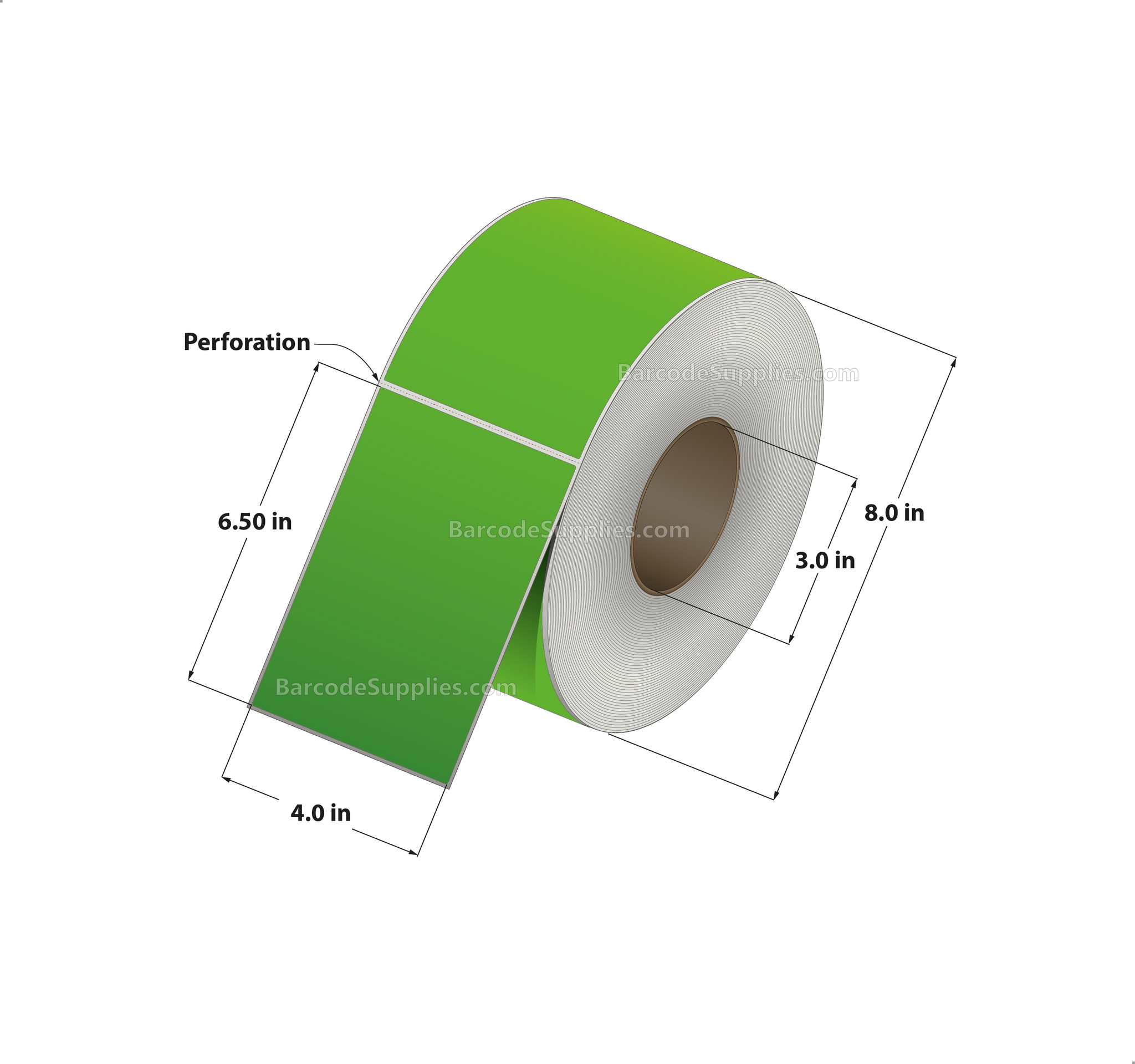 4 x 6.5 Thermal Transfer Fluorescent Green Labels With Permanent Acrylic Adhesive - Perforated - 900 Labels Per Roll - Carton Of 4 Rolls - 3600 Labels Total - MPN: TH465-1PFG