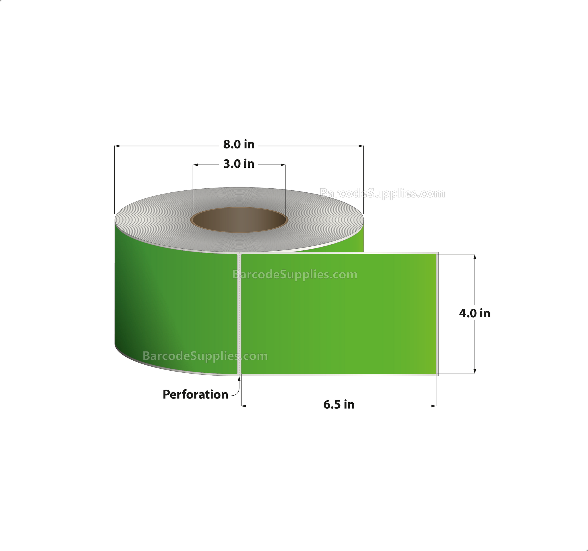 4 x 6.5 Thermal Transfer Fluorescent Green Labels With Permanent Acrylic Adhesive - Perforated - 900 Labels Per Roll - Carton Of 4 Rolls - 3600 Labels Total - MPN: TH465-1PFG