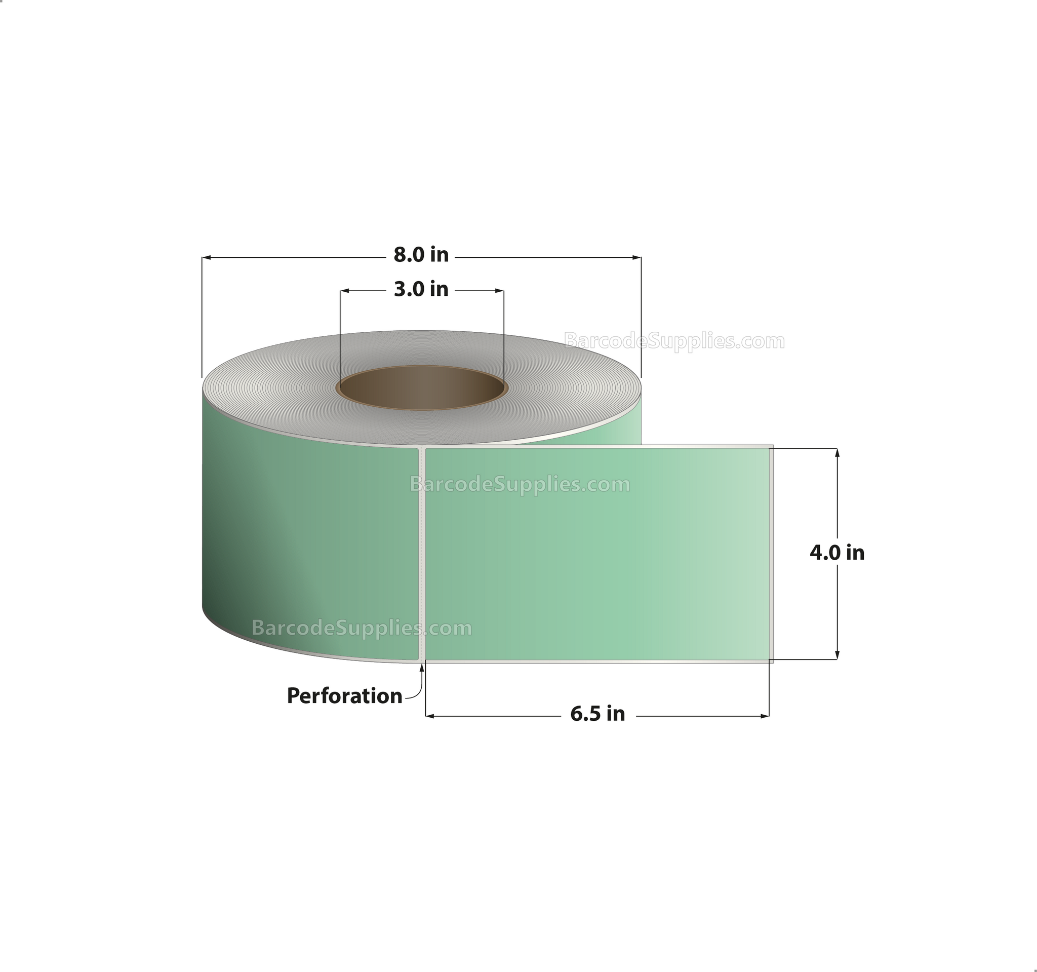 4 x 6.5 Thermal Transfer 345 Green Labels With Permanent Adhesive - Perforated - 900 Labels Per Roll - Carton Of 4 Rolls - 3600 Labels Total - MPN: RFC-4-65-900-GR
