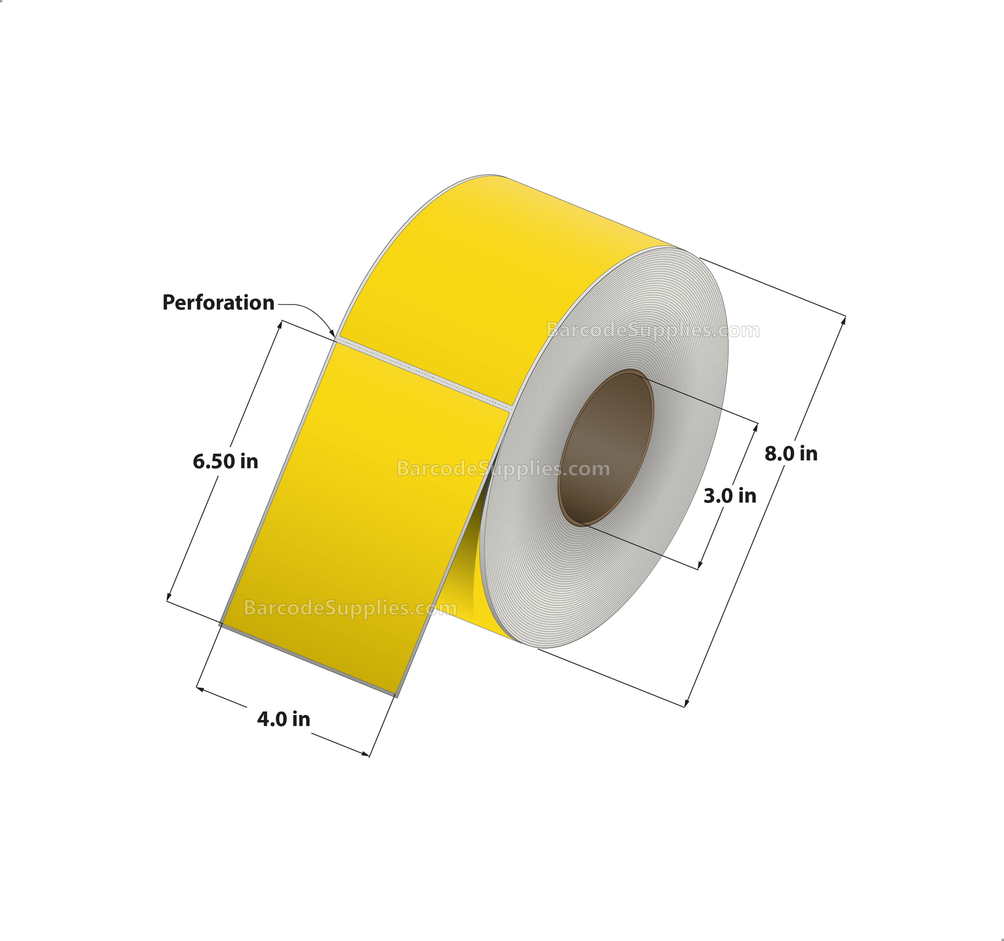 4 x 6.5 Thermal Transfer Pantone Yellow Labels With Permanent Acrylic Adhesive - Perforated - 900 Labels Per Roll - Carton Of 4 Rolls - 3600 Labels Total - MPN: TH465-1PY