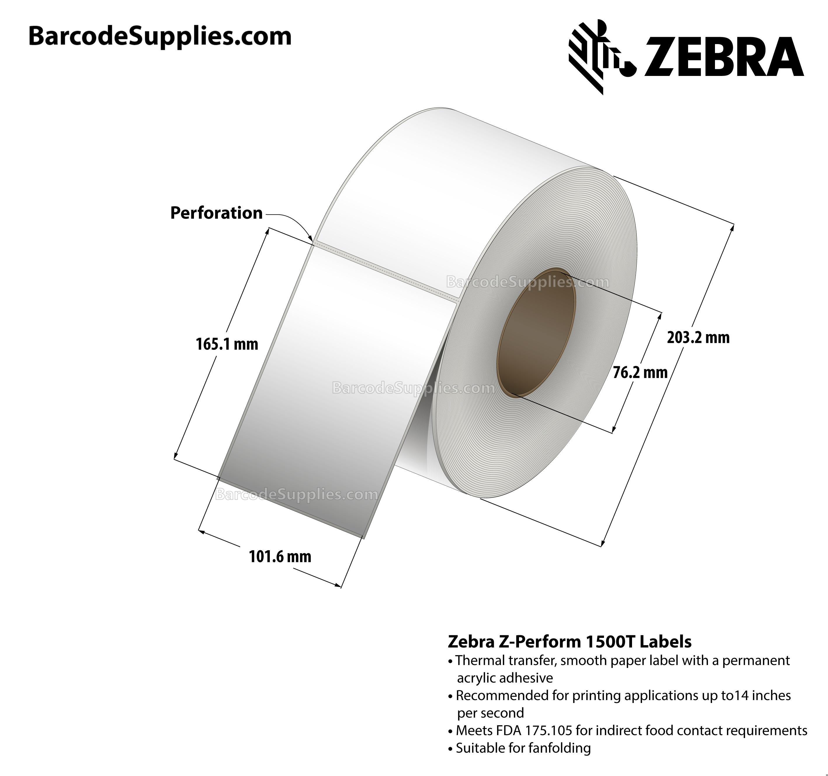 4 x 6.5 Thermal Transfer White Z-Perform 1500T Labels With Permanent Adhesive - Perforated - 900 Labels Per Roll - Carton Of 4 Rolls - 3600 Labels Total - MPN: 10021229
