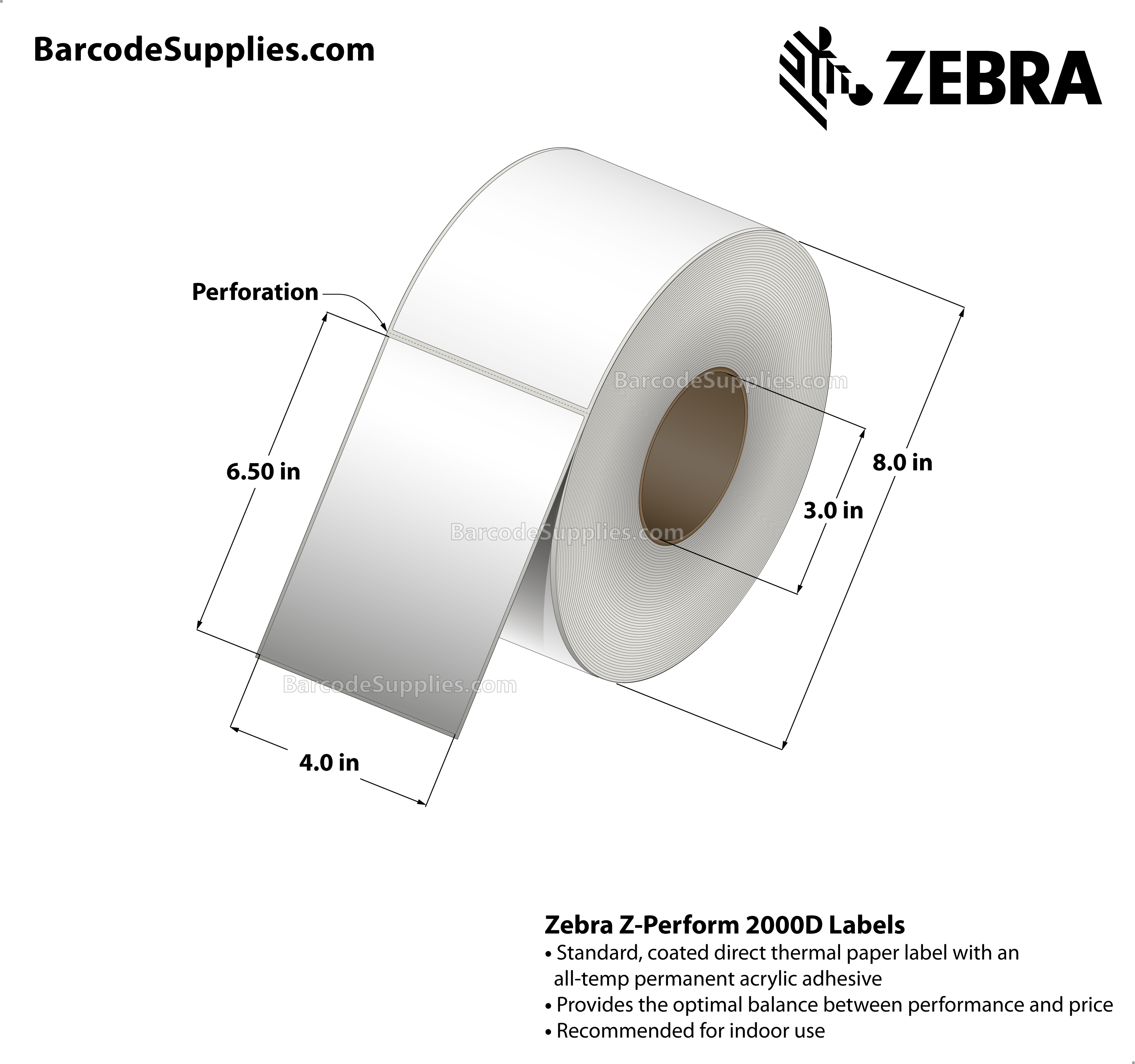 4 x 6.5 Direct Thermal White Z-Perform 2000D Labels With All-Temp Adhesive - Perforated - 900 Labels Per Roll - Carton Of 4 Rolls - 3600 Labels Total - MPN: 10000289