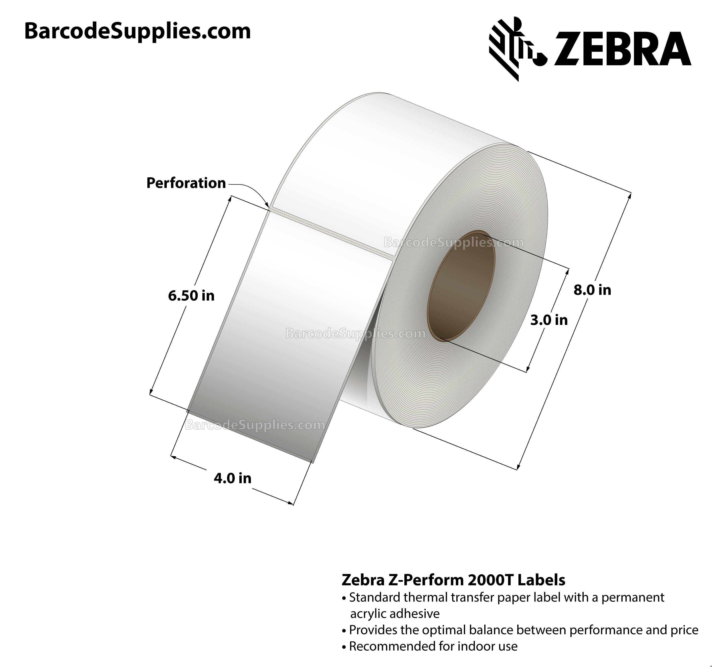4 x 6.5 Thermal Transfer White Z-Perform 2000T Labels With Permanent Adhesive - Perforated - 900 Labels Per Roll - Carton Of 4 Rolls - 3600 Labels Total - MPN: 10000280