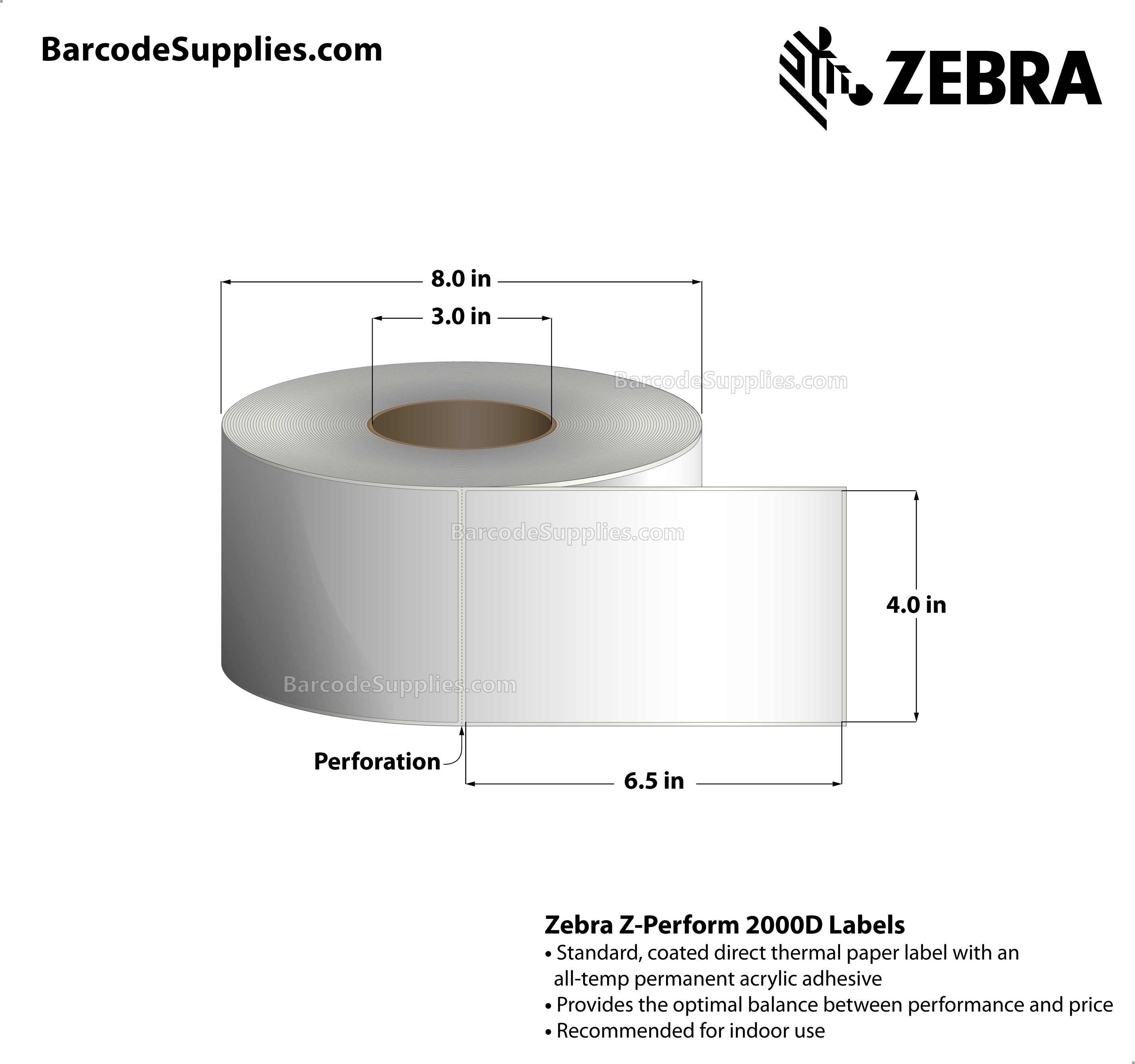 4 x 6.5 Direct Thermal White Z-Perform 2000D Labels With All-Temp Adhesive - Perforated - 900 Labels Per Roll - Carton Of 4 Rolls - 3600 Labels Total - MPN: 10000289