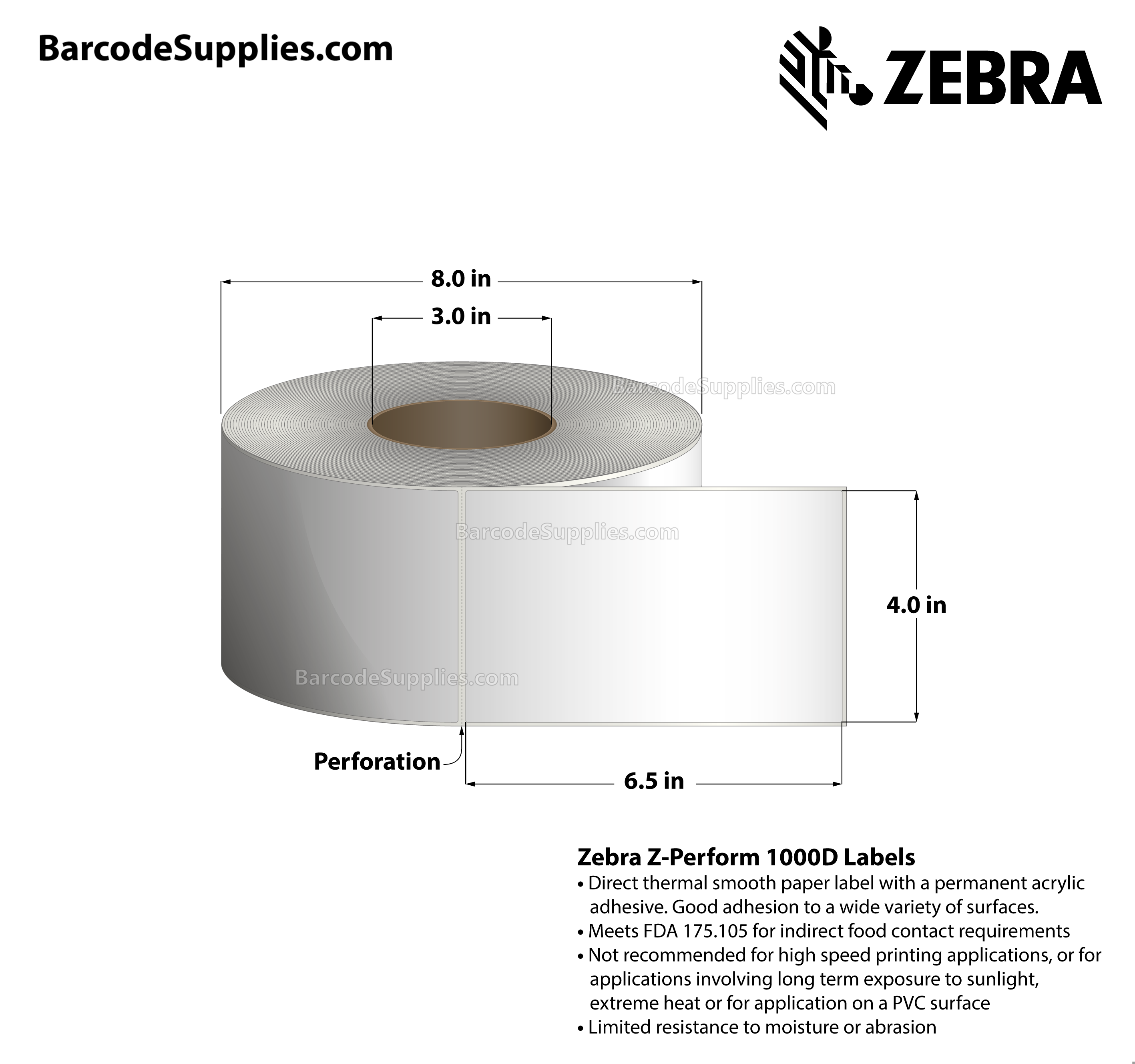 4 x 6.5 Direct Thermal White Z-Perform 1000D Labels With Permanent Adhesive - Perforated - 900 Labels Per Roll - Carton Of 4 Rolls - 3600 Labels Total - MPN: 10000300
