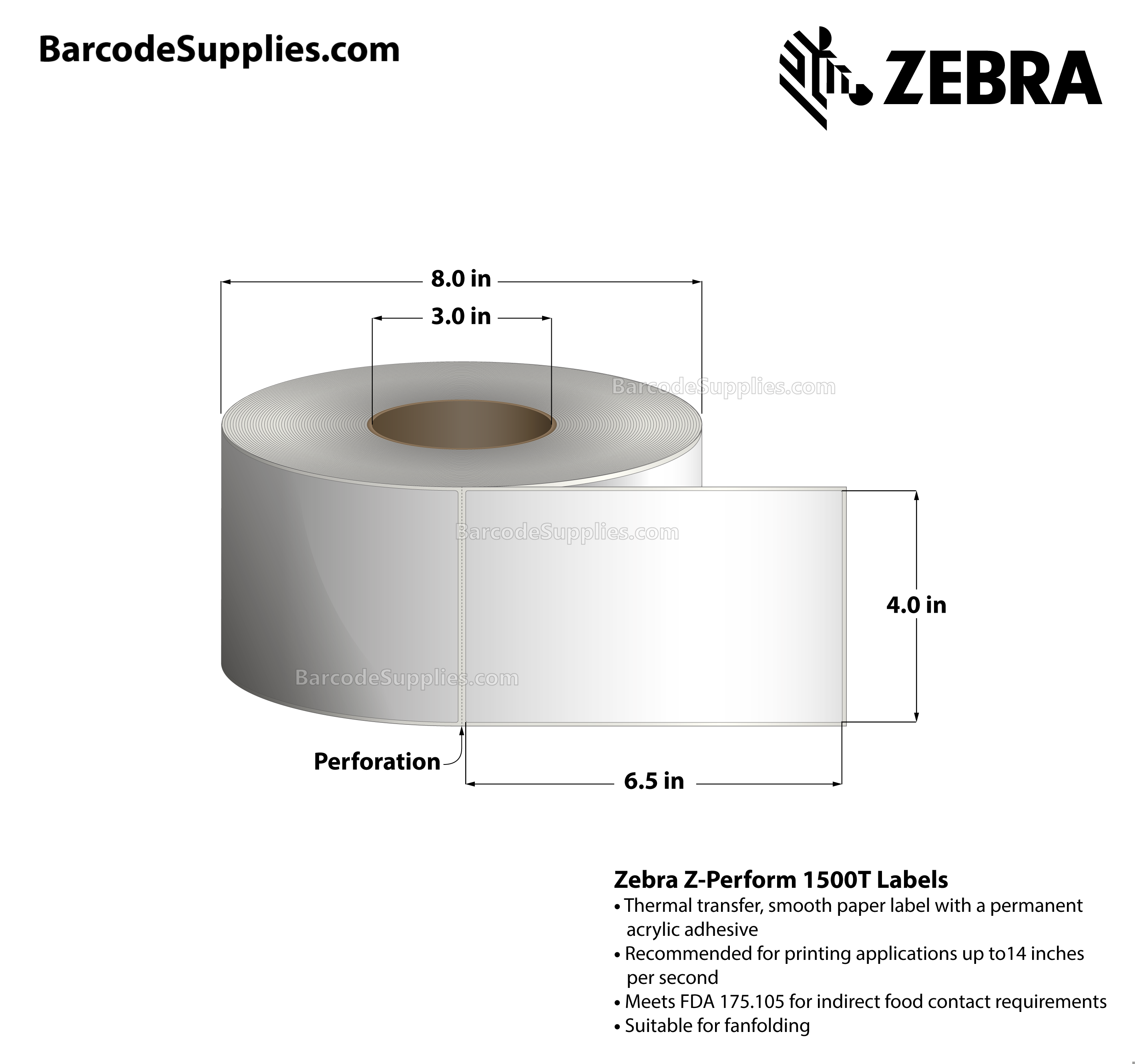 4 x 6.5 Thermal Transfer White Z-Perform 1500T Labels With Permanent Adhesive - Perforated - 900 Labels Per Roll - Carton Of 4 Rolls - 3600 Labels Total - MPN: 10021229