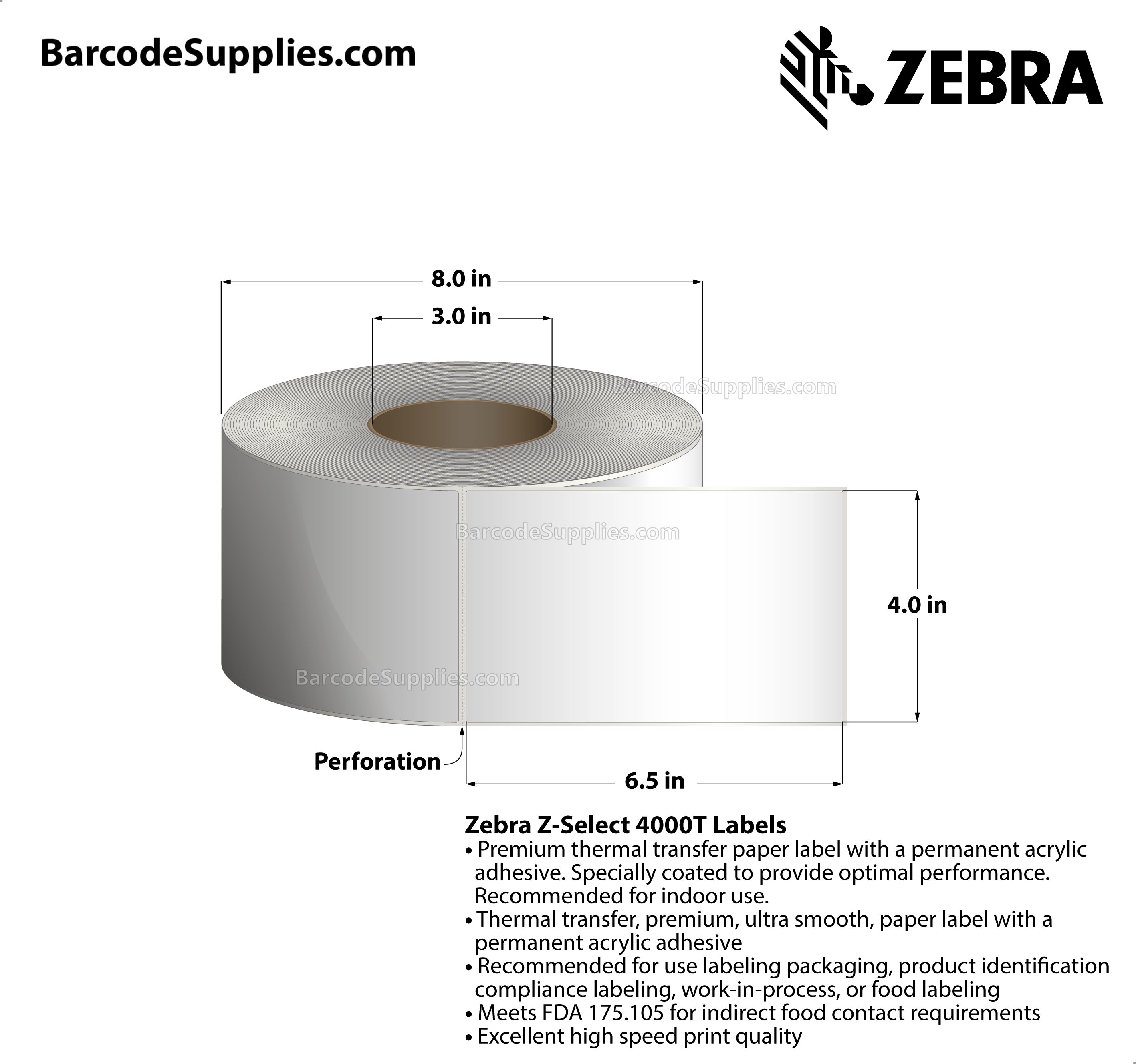 4 x 6.5 Thermal Transfer White Z-Select 4000T Labels With Permanent Adhesive - Perforated - 840 Labels Per Roll - Carton Of 4 Rolls - 3360 Labels Total - MPN: 73298