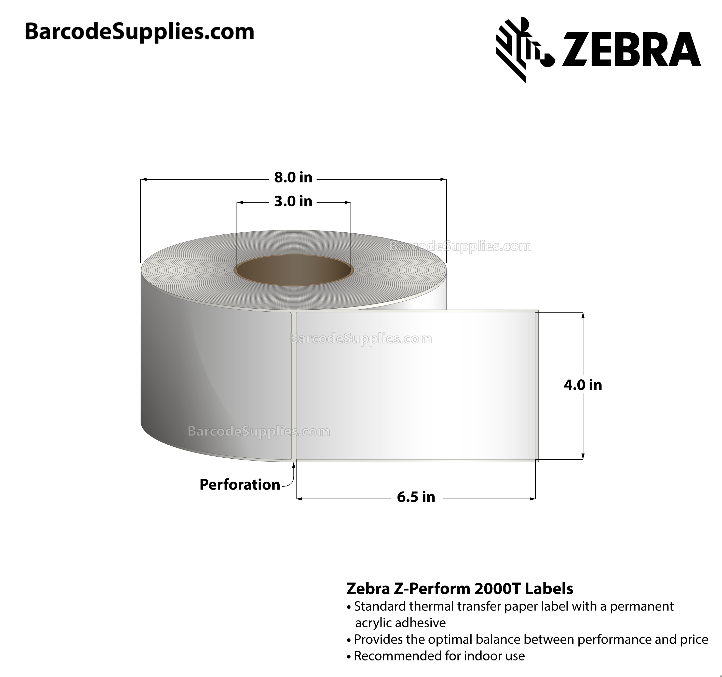 4 x 6.5 Thermal Transfer White Z-Perform 2000T Labels With Permanent Adhesive - Perforated - 900 Labels Per Roll - Carton Of 4 Rolls - 3600 Labels Total - MPN: 10000280