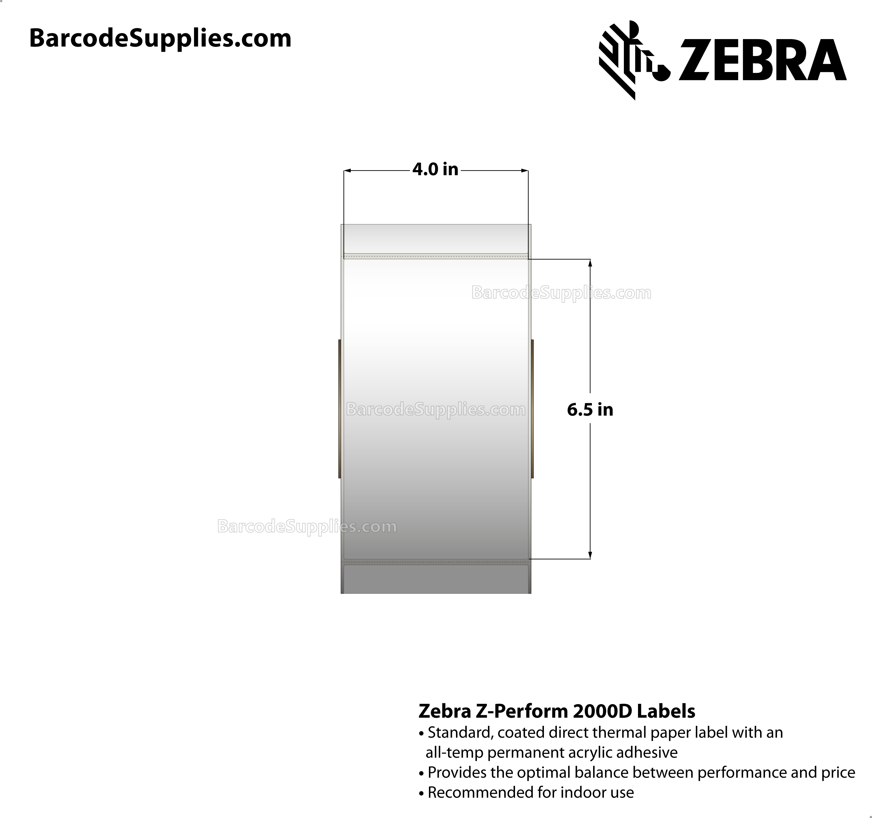 4 x 6.5 Direct Thermal White Z-Perform 2000D Labels With All-Temp Adhesive - Perforated - 900 Labels Per Roll - Carton Of 4 Rolls - 3600 Labels Total - MPN: 10000289