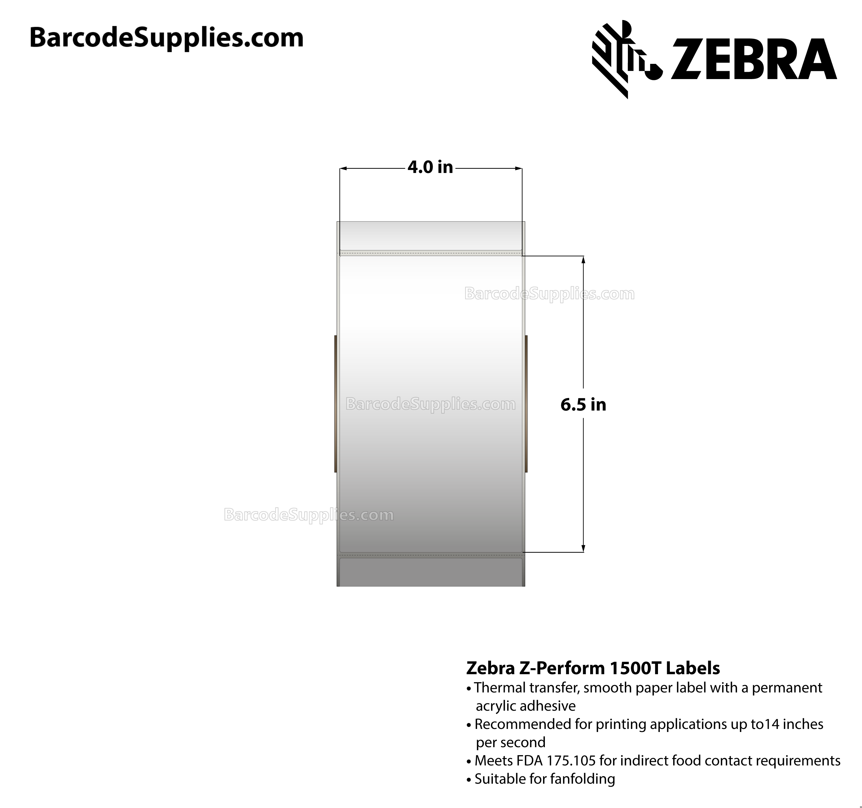 4 x 6.5 Thermal Transfer White Z-Perform 1500T Labels With Permanent Adhesive - Perforated - 900 Labels Per Roll - Carton Of 4 Rolls - 3600 Labels Total - MPN: 10021229