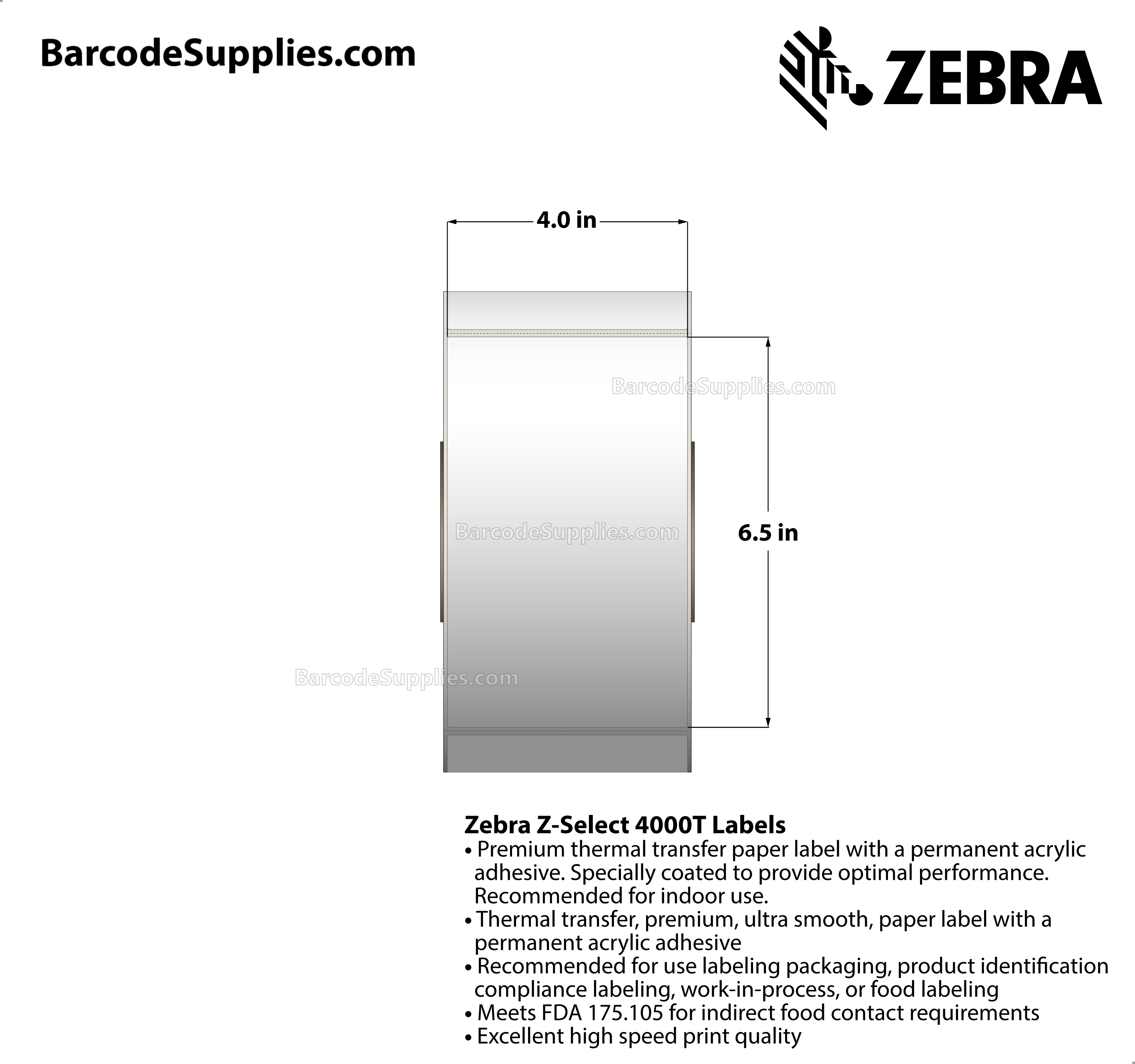 4 x 6.5 Thermal Transfer White Z-Select 4000T Labels With Permanent Adhesive - Perforated - 840 Labels Per Roll - Carton Of 4 Rolls - 3360 Labels Total - MPN: 73298