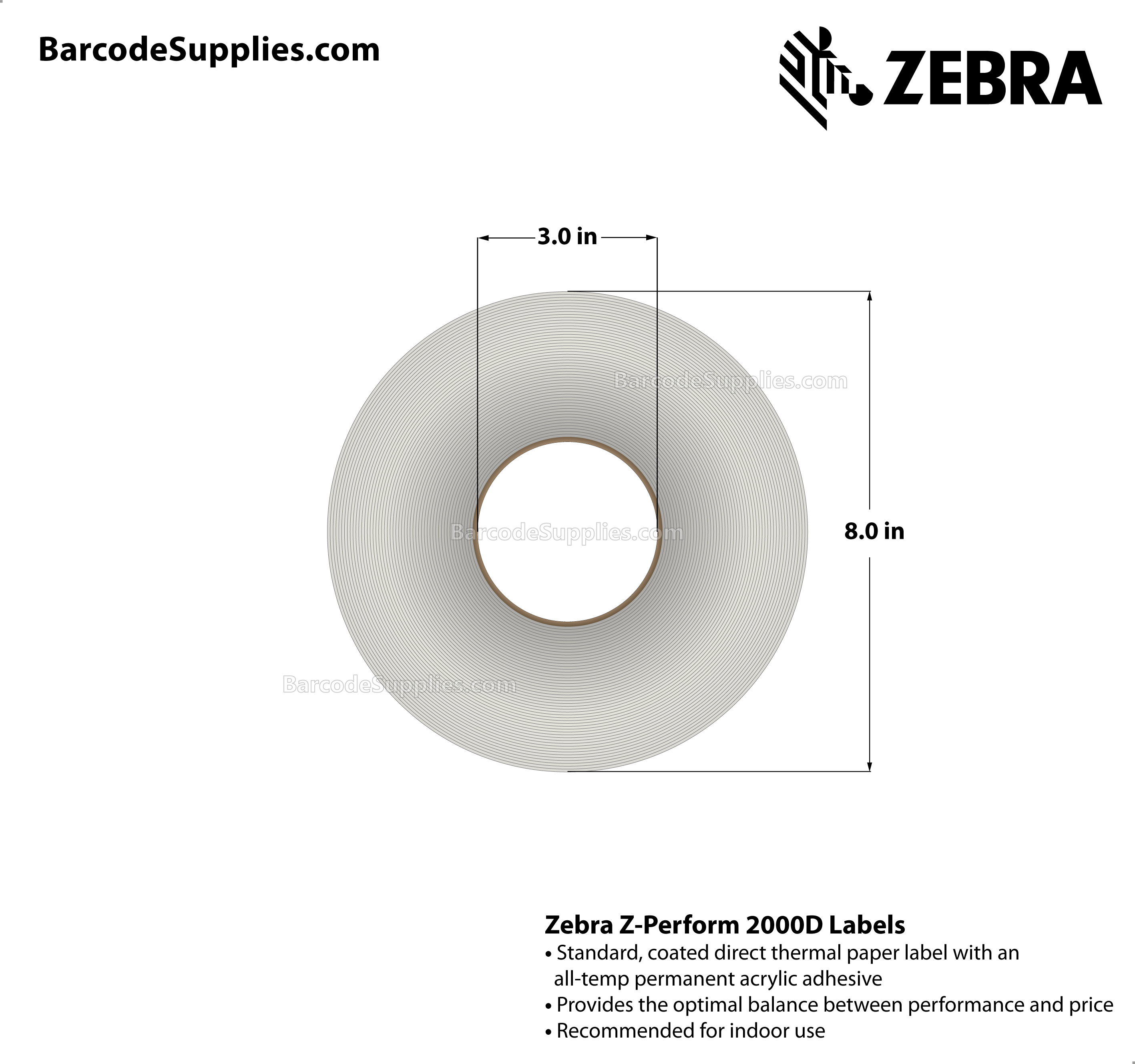 4 x 6.5 Direct Thermal White Z-Perform 2000D Labels With All-Temp Adhesive - Perforated - 900 Labels Per Roll - Carton Of 4 Rolls - 3600 Labels Total - MPN: 10000289