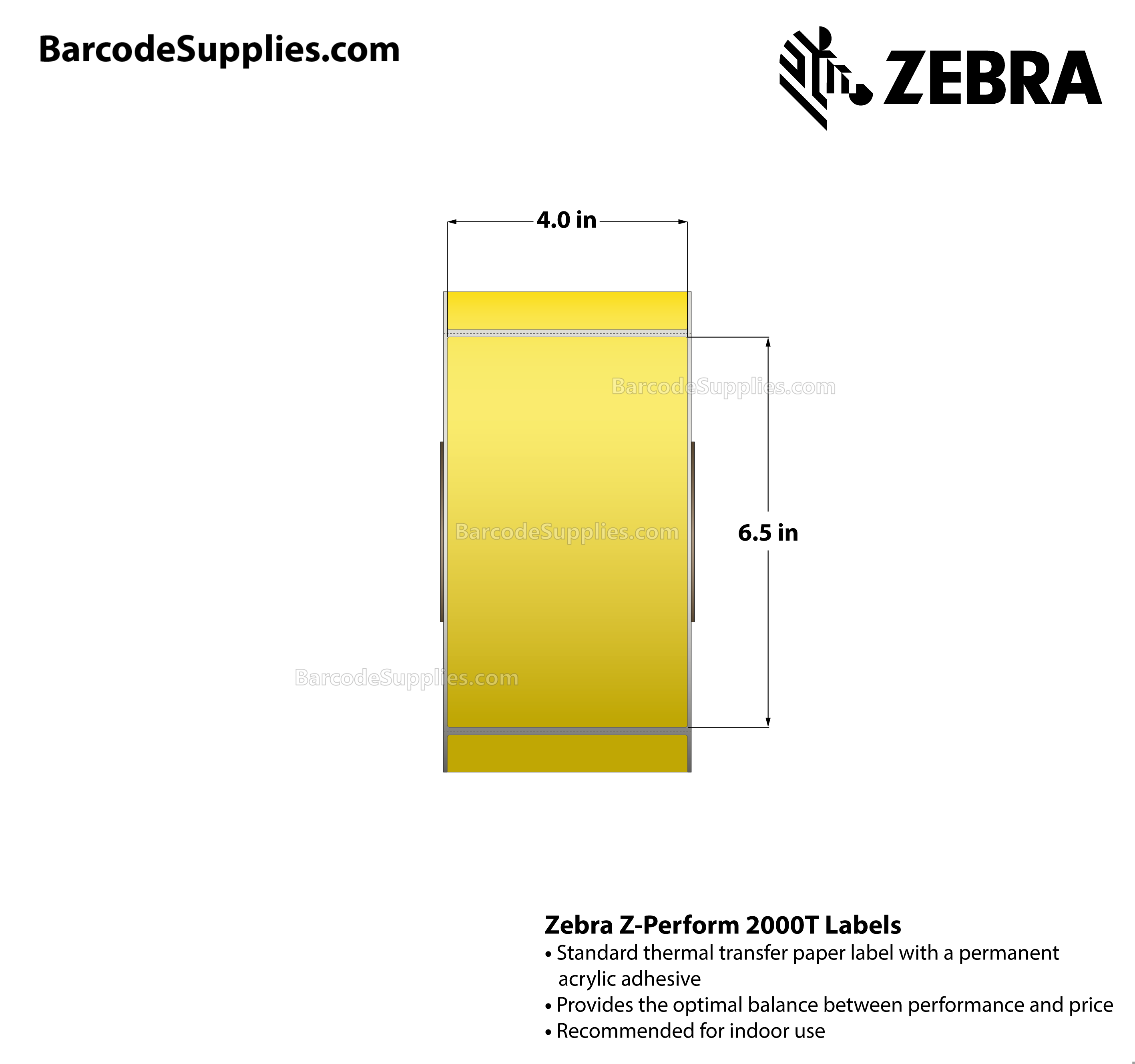 4 x 6.5 Thermal Transfer Yellow - Pantone Yellow Z-Perform 2000T Floodcoated (Yellow) Labels With Permanent Adhesive - Perforated - 900 Labels Per Roll - Carton Of 4 Rolls - 3600 Labels Total - MPN: 10005725-1
