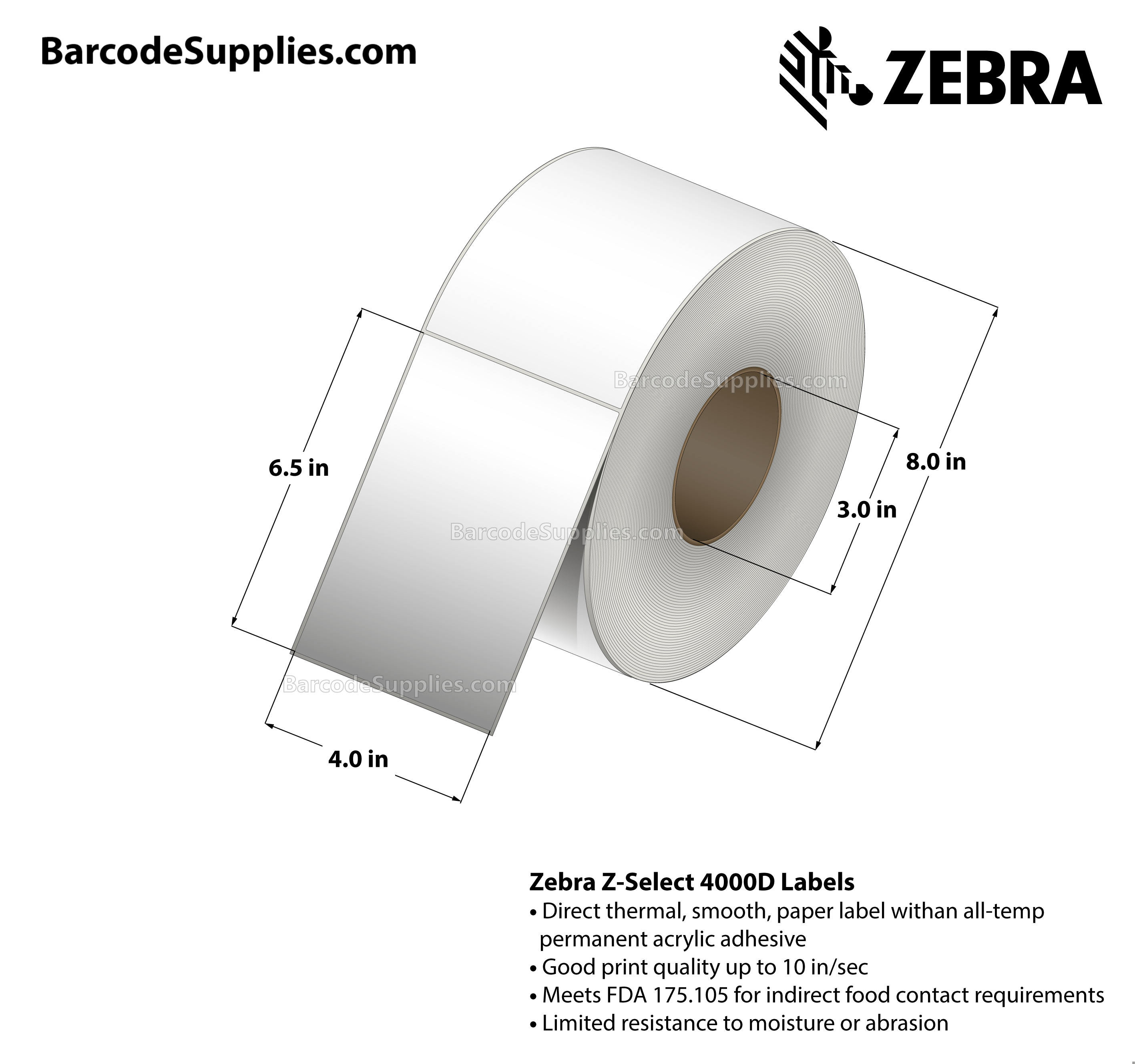 4 x 6.5 Direct Thermal White Z-Select 4000D Labels With All-Temp Adhesive - Not Perforated - 870 Labels Per Roll - Carton Of 4 Rolls - 3480 Labels Total - MPN: 117945