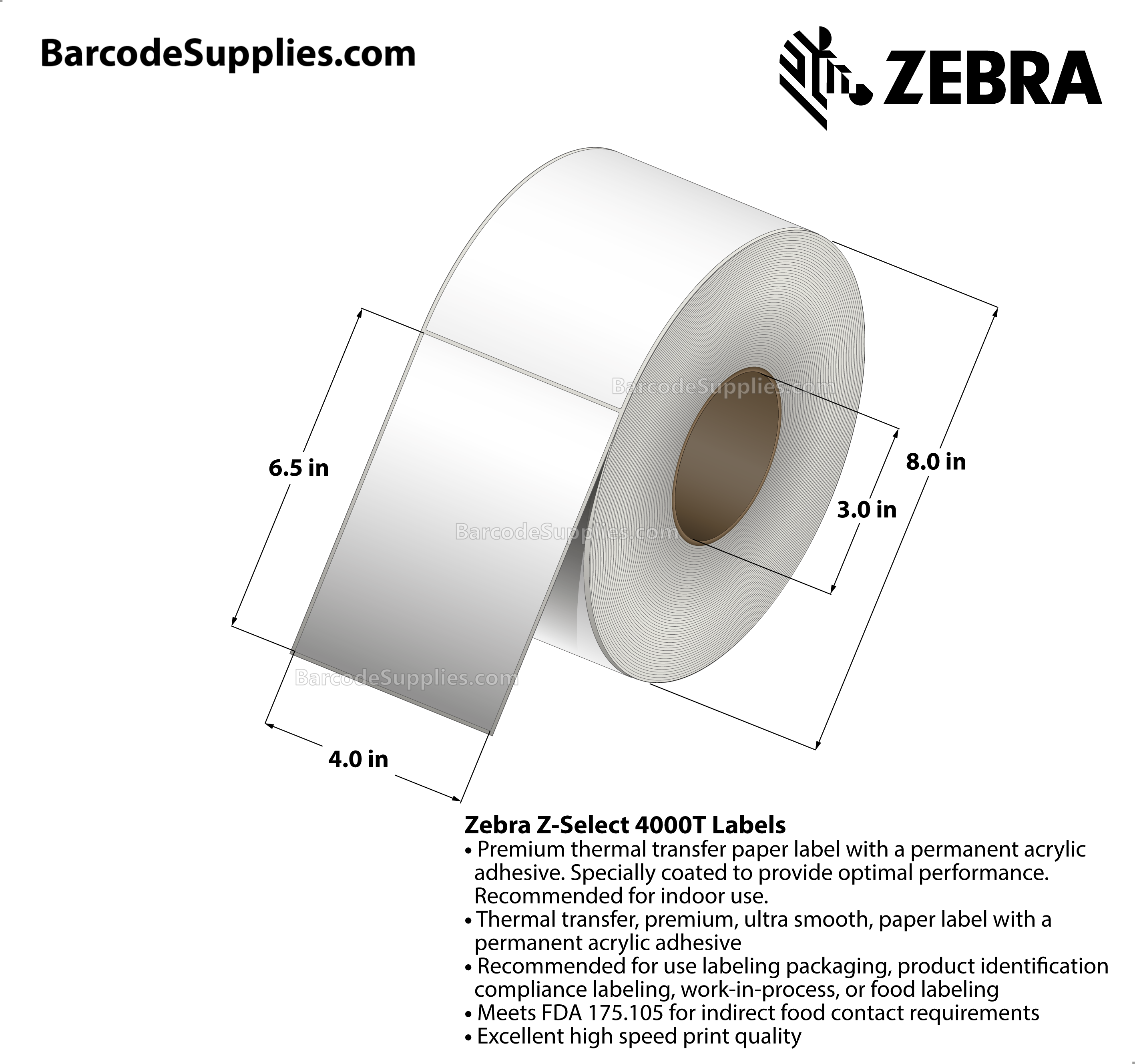 4 x 6.5 Thermal Transfer White Z-Select 4000T Labels With Permanent Adhesive - Not Perforated - 880 Labels Per Roll - Carton Of 4 Rolls - 3520 Labels Total - MPN: 72296
