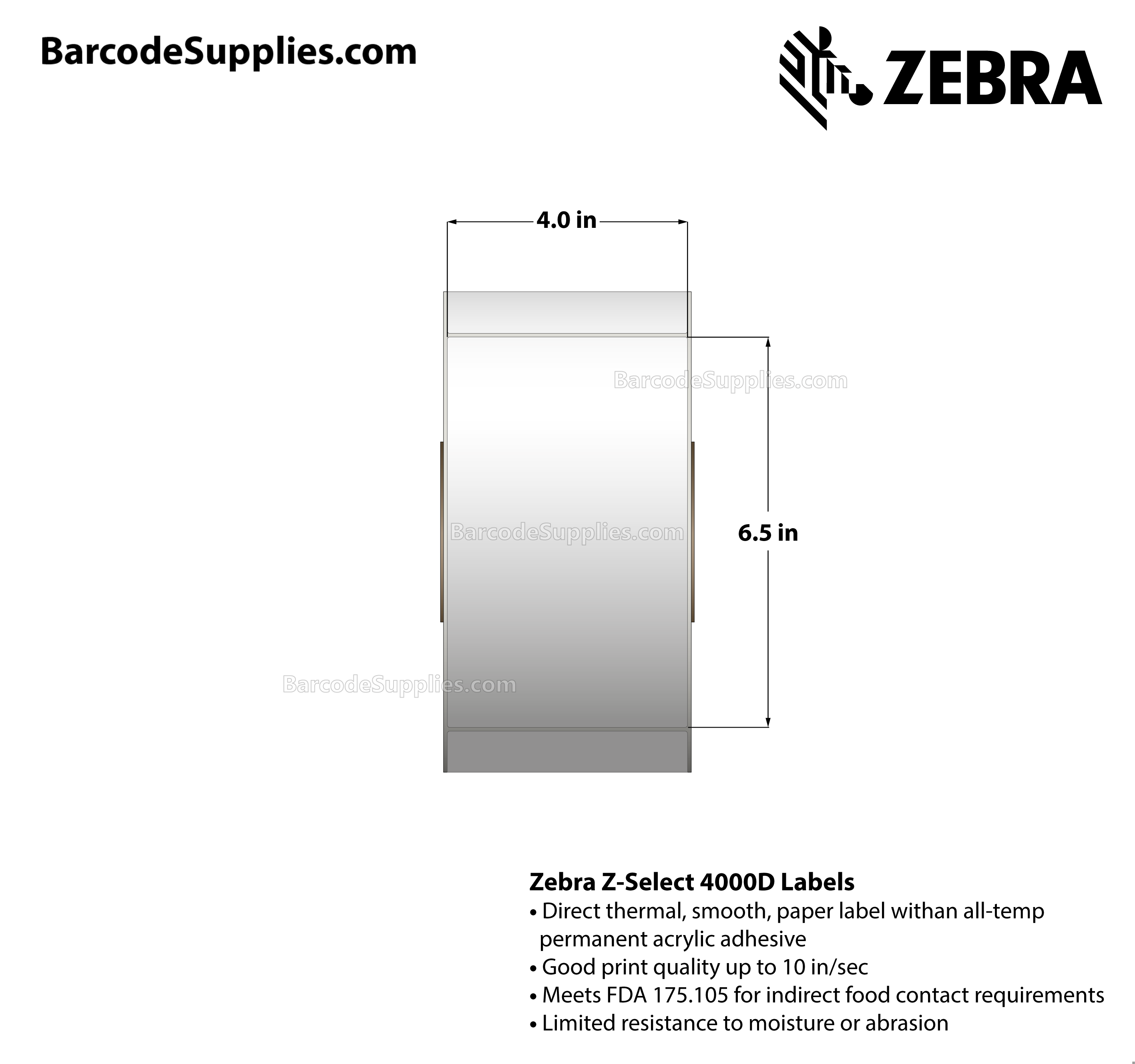 4 x 6.5 Direct Thermal White Z-Select 4000D Labels With All-Temp Adhesive - Not Perforated - 870 Labels Per Roll - Carton Of 4 Rolls - 3480 Labels Total - MPN: 117945