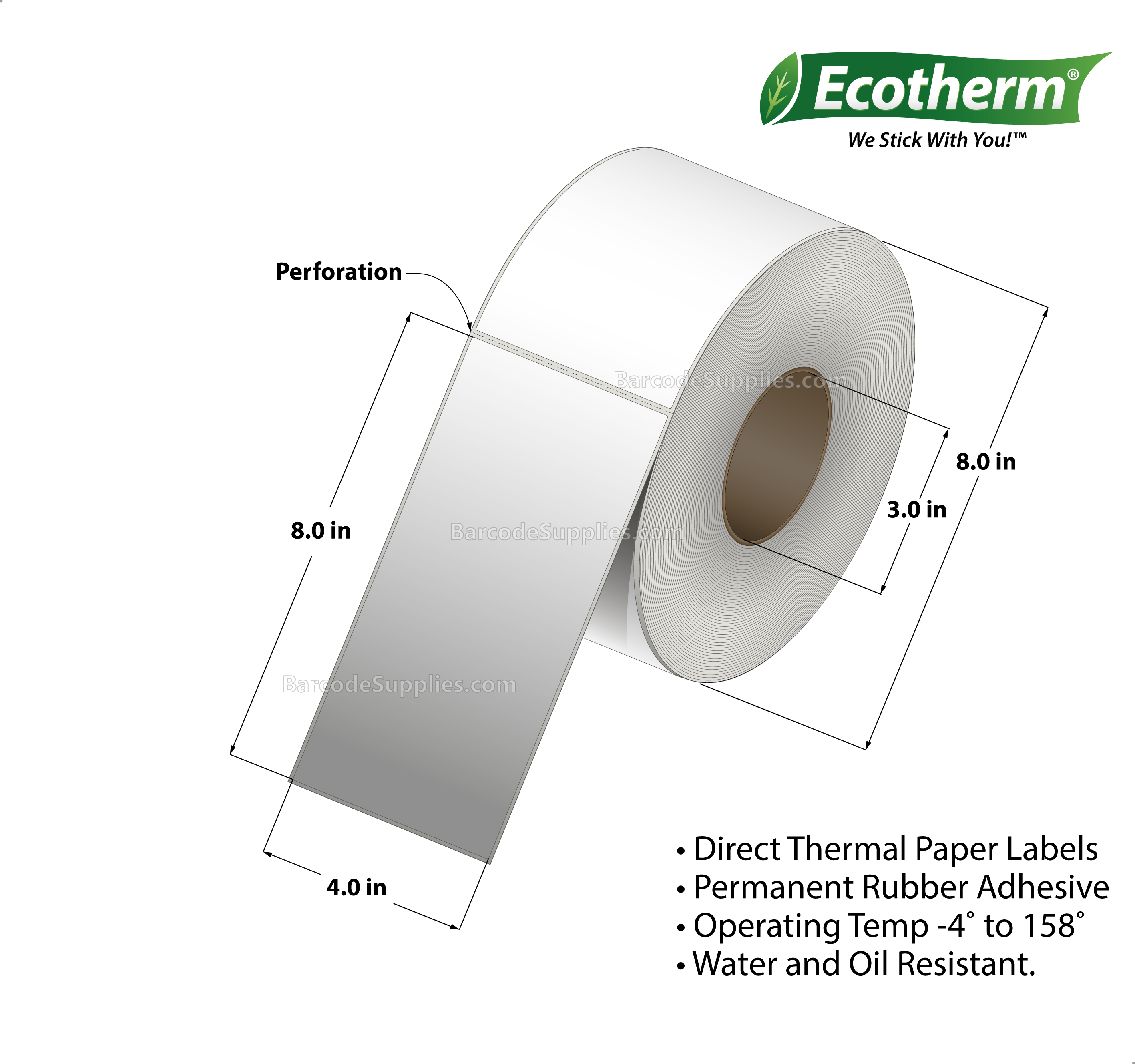 4 x 8 Direct Thermal White Labels With Rubber Adhesive - Perforated - 890 Labels Per Roll - Carton Of 4 Rolls - 3560 Labels Total - MPN: DT8400800-3P-4