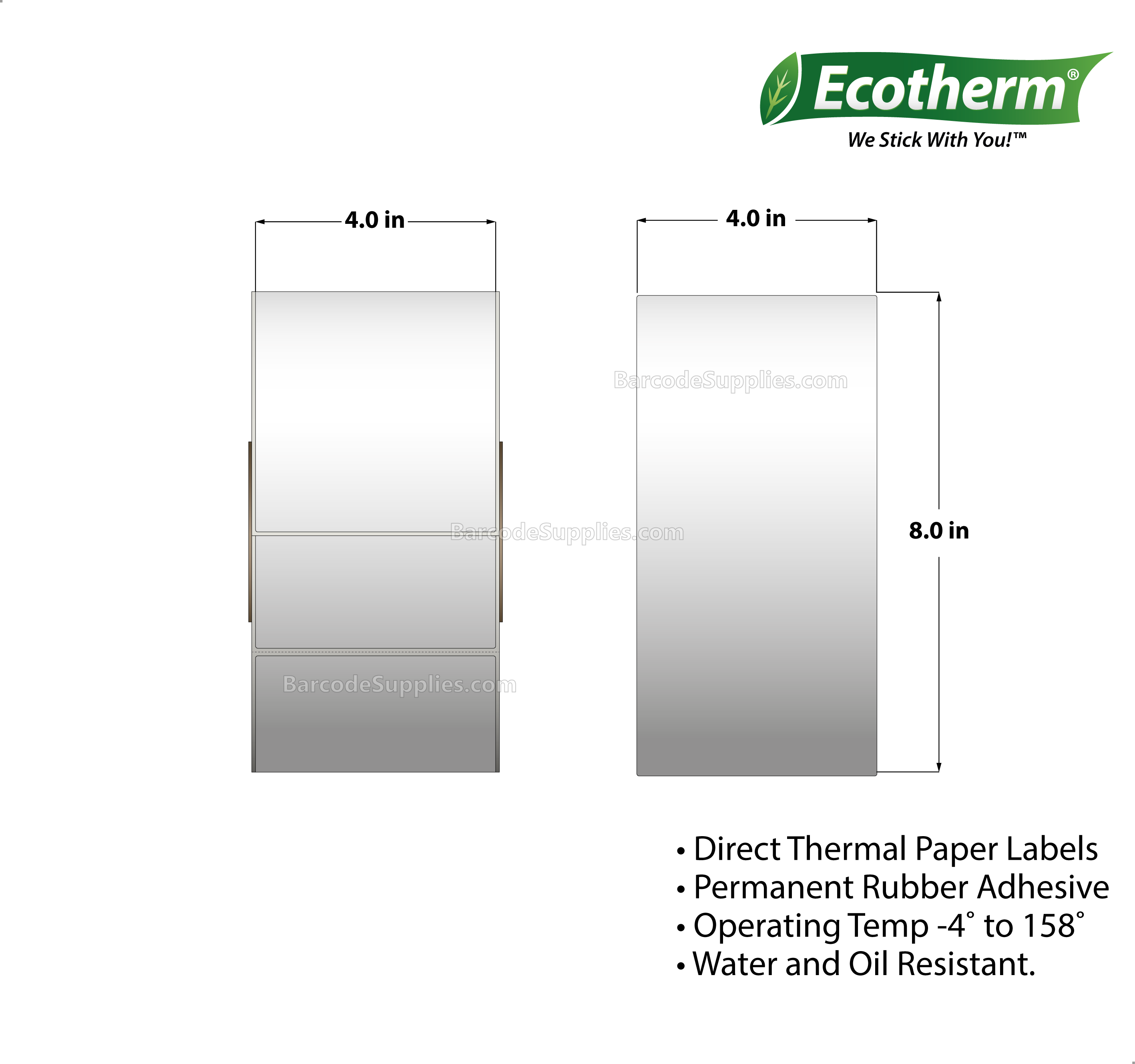 4 x 8 Direct Thermal White Labels With Rubber Adhesive - Perforated - 890 Labels Per Roll - Carton Of 4 Rolls - 3560 Labels Total - MPN: DT8400800-3P-4