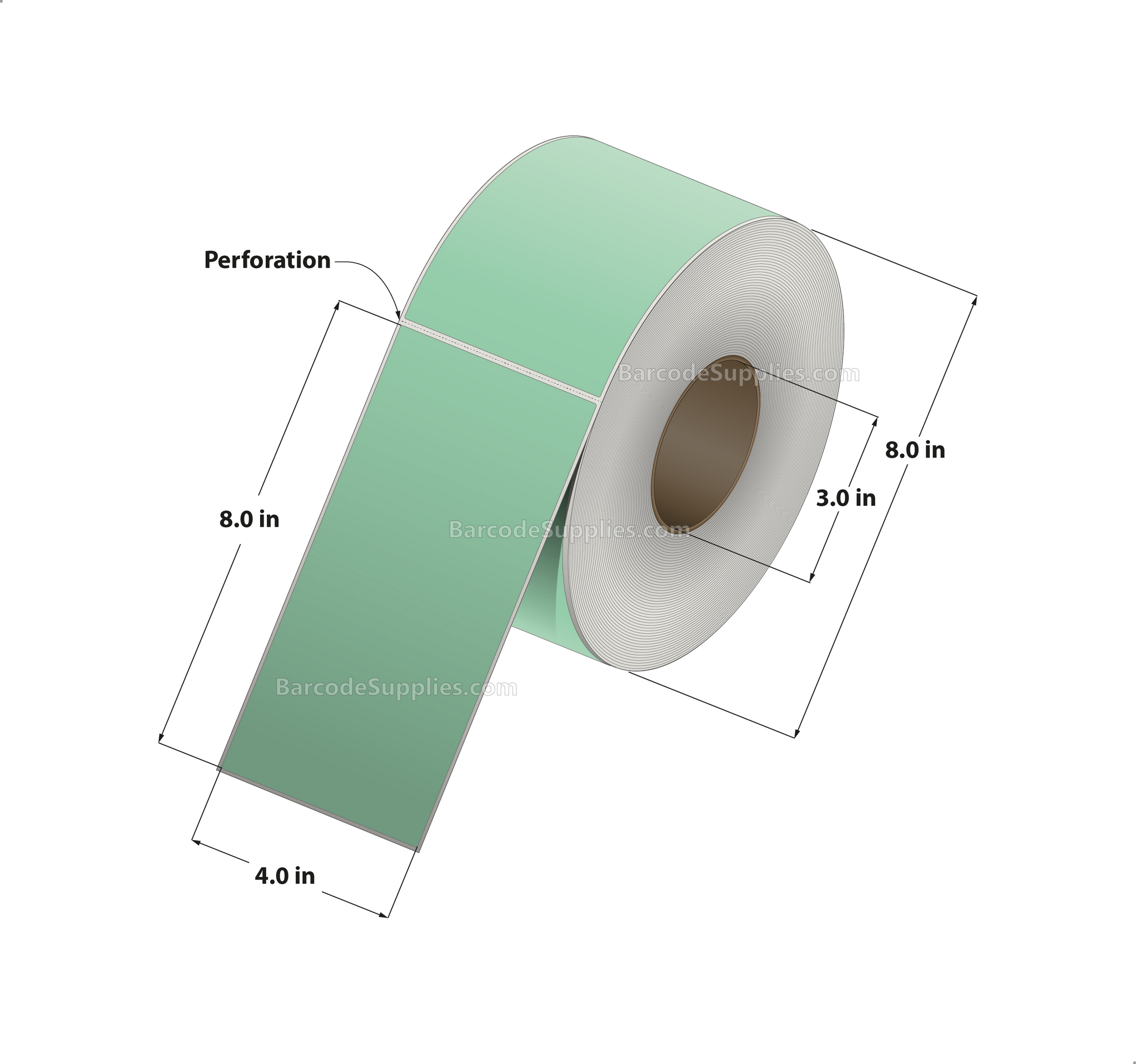 4 x 8 Thermal Transfer 345 Green Labels With Permanent Adhesive - Perforated - 750 Labels Per Roll - Carton Of 4 Rolls - 3000 Labels Total - MPN: RFC-4-8-750-GR