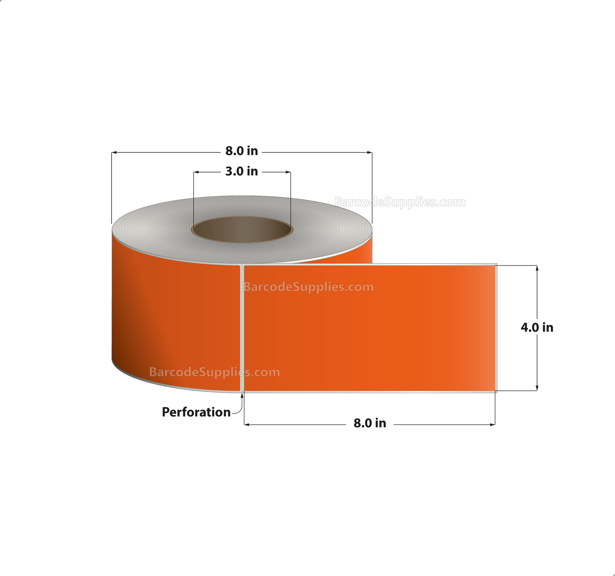 4 x 8 Thermal Transfer 1495 Orange Labels With Permanent Adhesive - Perforated - 750 Labels Per Roll - Carton Of 4 Rolls - 3000 Labels Total - MPN: RFC-4-8-750-OR