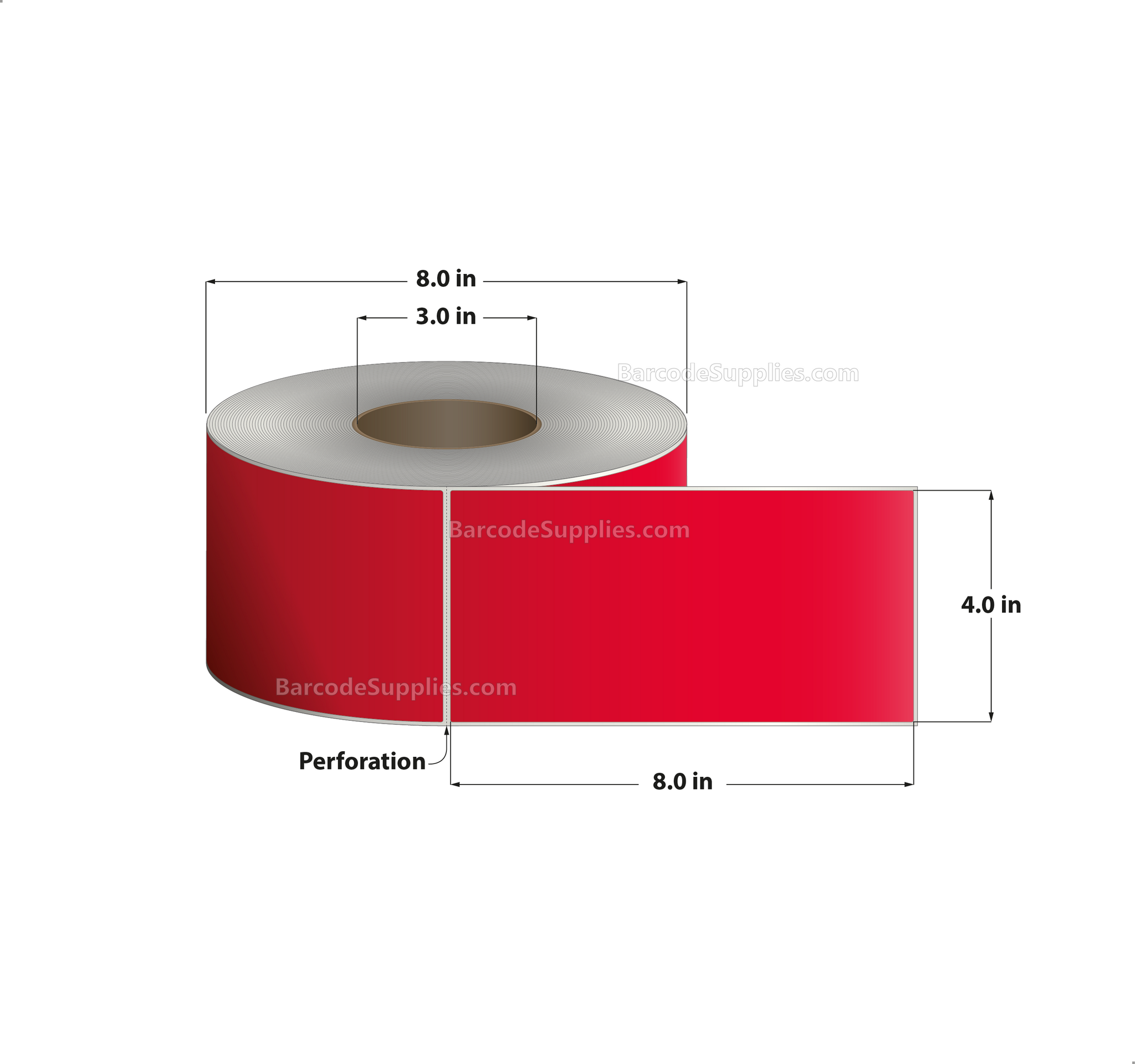 4 x 8 Thermal Transfer 032 Red Labels With Permanent Adhesive - Perforated - 750 Labels Per Roll - Carton Of 4 Rolls - 3000 Labels Total - MPN: RFC-4-8-750-RD