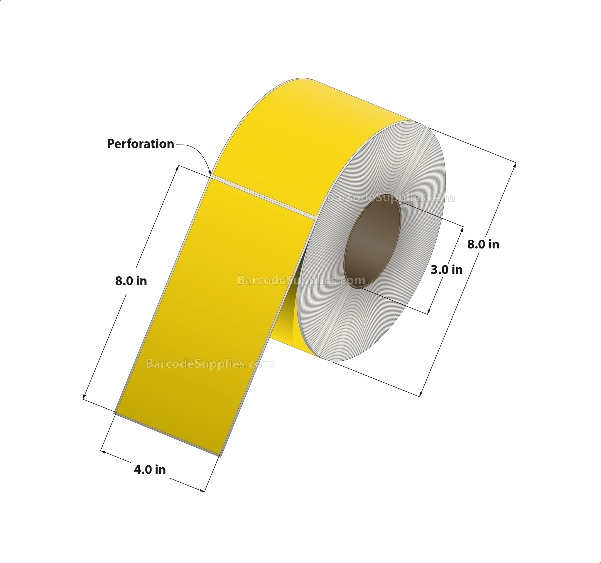 4 x 8 Thermal Transfer Pantone Yellow Labels With Permanent Adhesive - Perforated - 750 Labels Per Roll - Carton Of 4 Rolls - 3000 Labels Total - MPN: RFC-4-8-750-YL