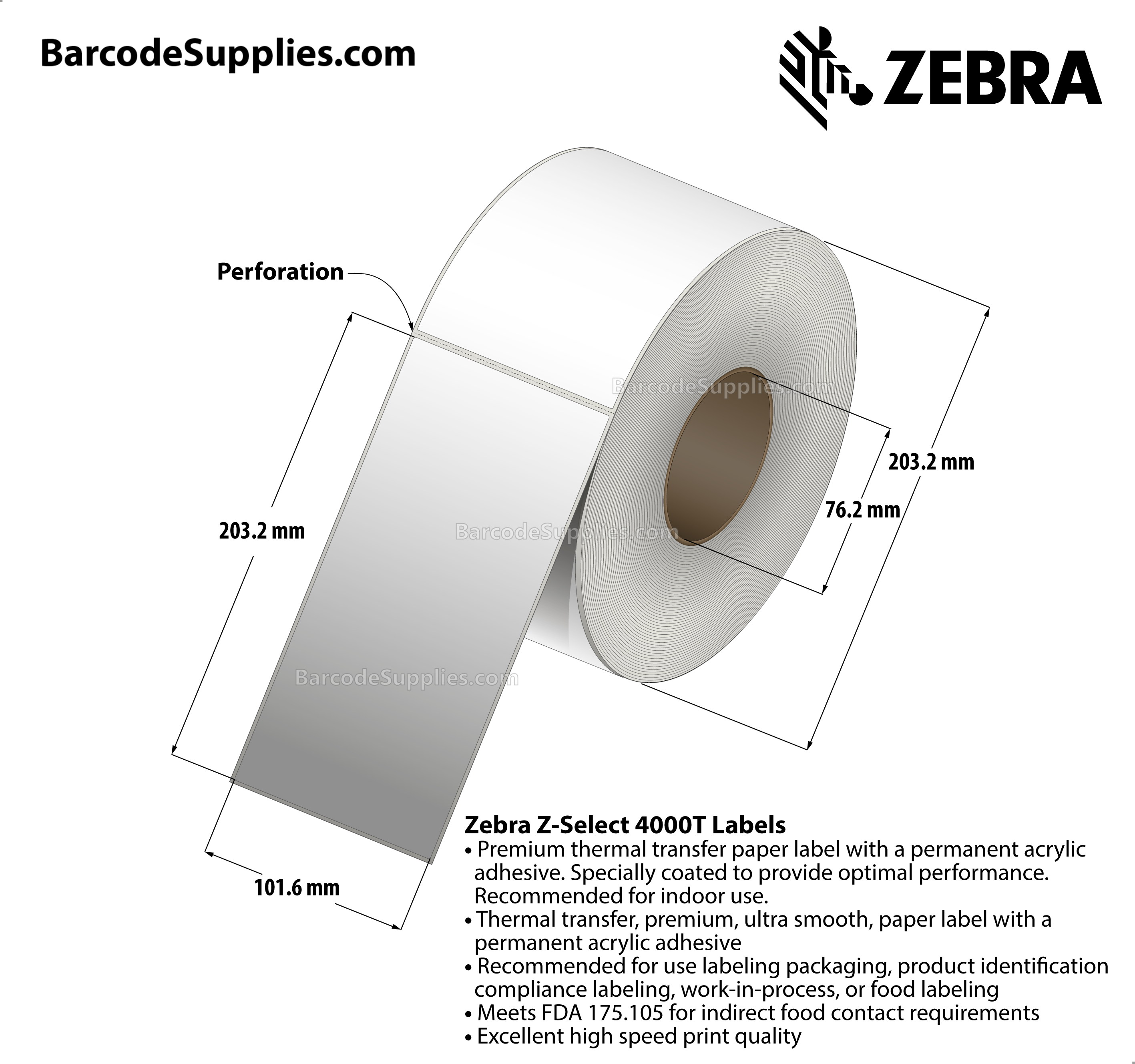 4 x 8 Thermal Transfer White Z-Select 4000T Labels With Permanent Adhesive - Perforated - 690 Labels Per Roll - Carton Of 4 Rolls - 2760 Labels Total - MPN: 98963