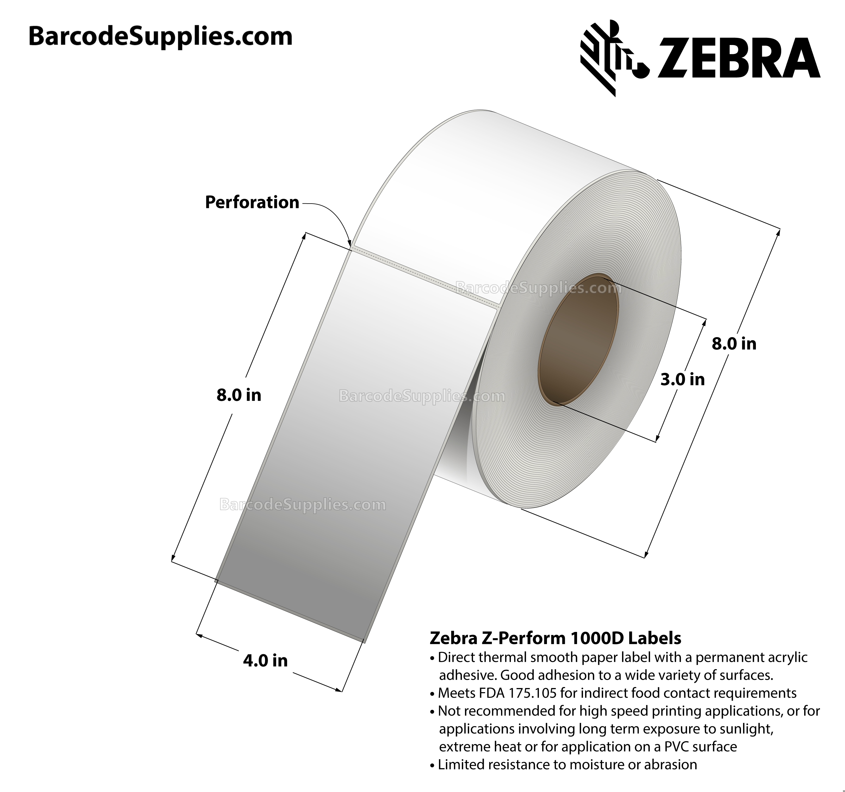 4 x 8 Direct Thermal White Z-Perform 1000D Labels With Permanent Adhesive - Perforated - 750 Labels Per Roll - Carton Of 4 Rolls - 3000 Labels Total - MPN: 10023701