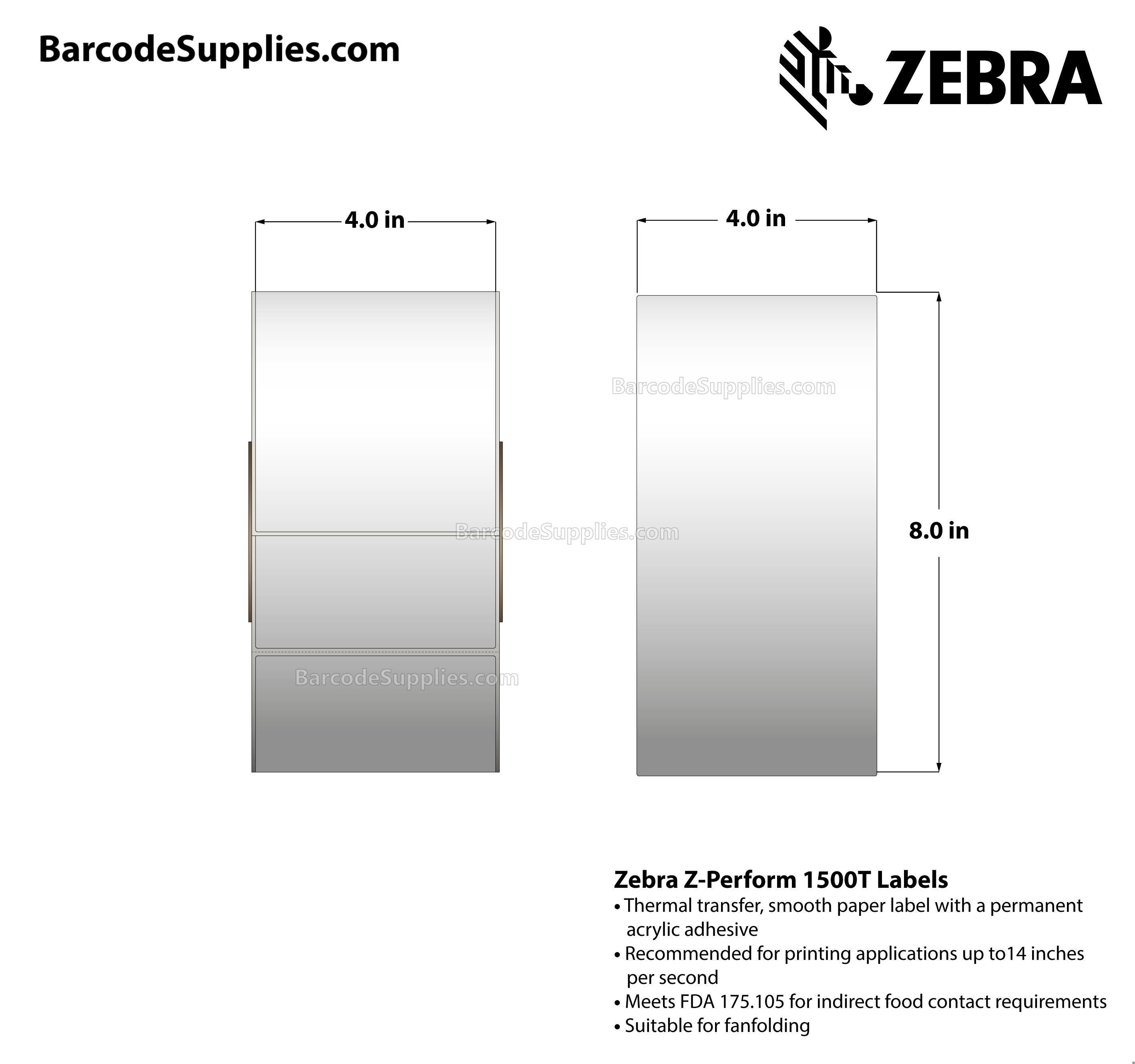 4 x 8 Thermal Transfer White Z-Perform 1500T Labels With Permanent Adhesive - Perforated - 750 Labels Per Roll - Carton Of 4 Rolls - 3000 Labels Total - MPN: 10021228
