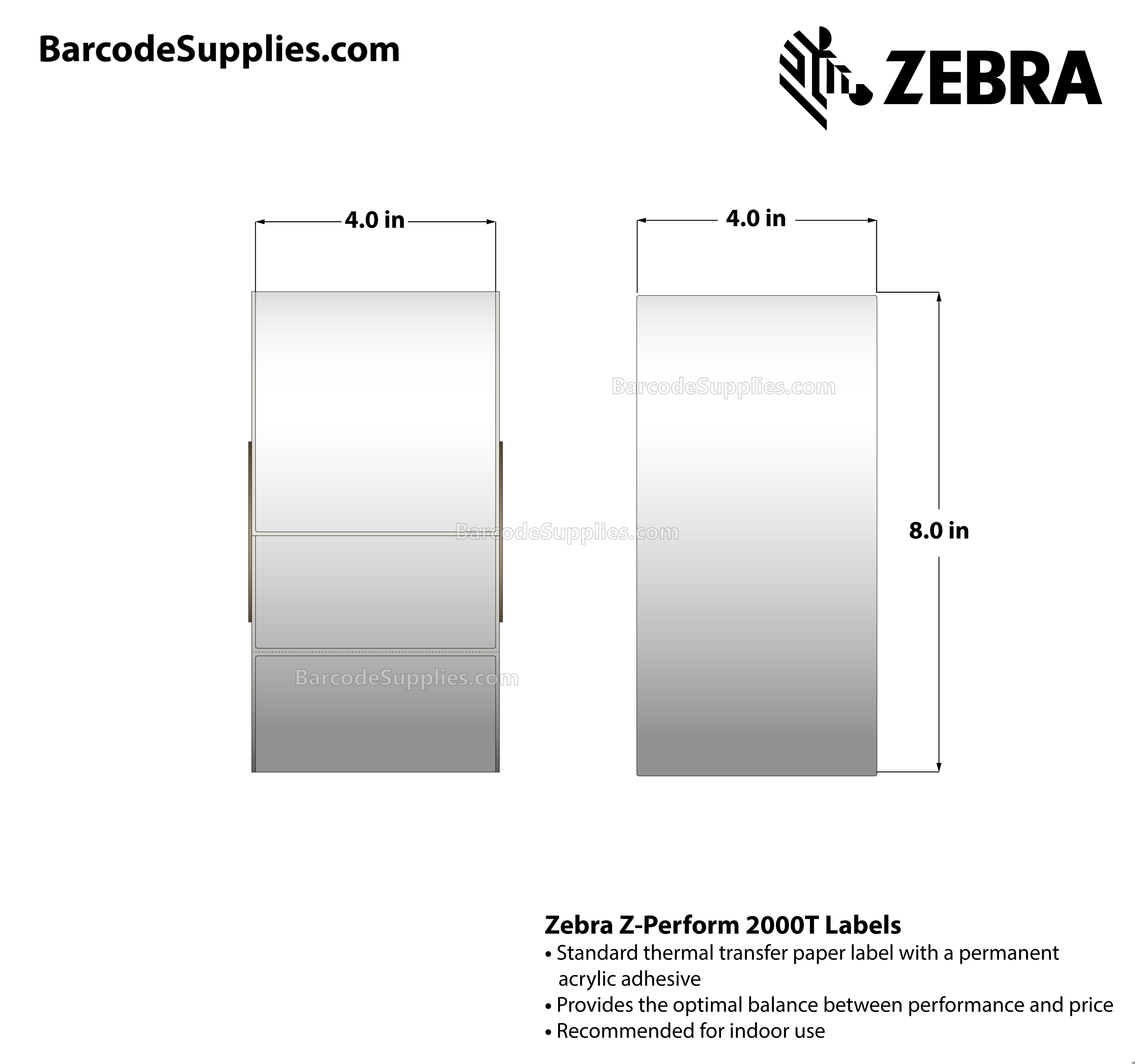 4 x 8 Thermal Transfer White Z-Perform 2000T Labels With Permanent Adhesive - Perforated - 750 Labels Per Roll - Carton Of 4 Rolls - 3000 Labels Total - MPN: 10014013