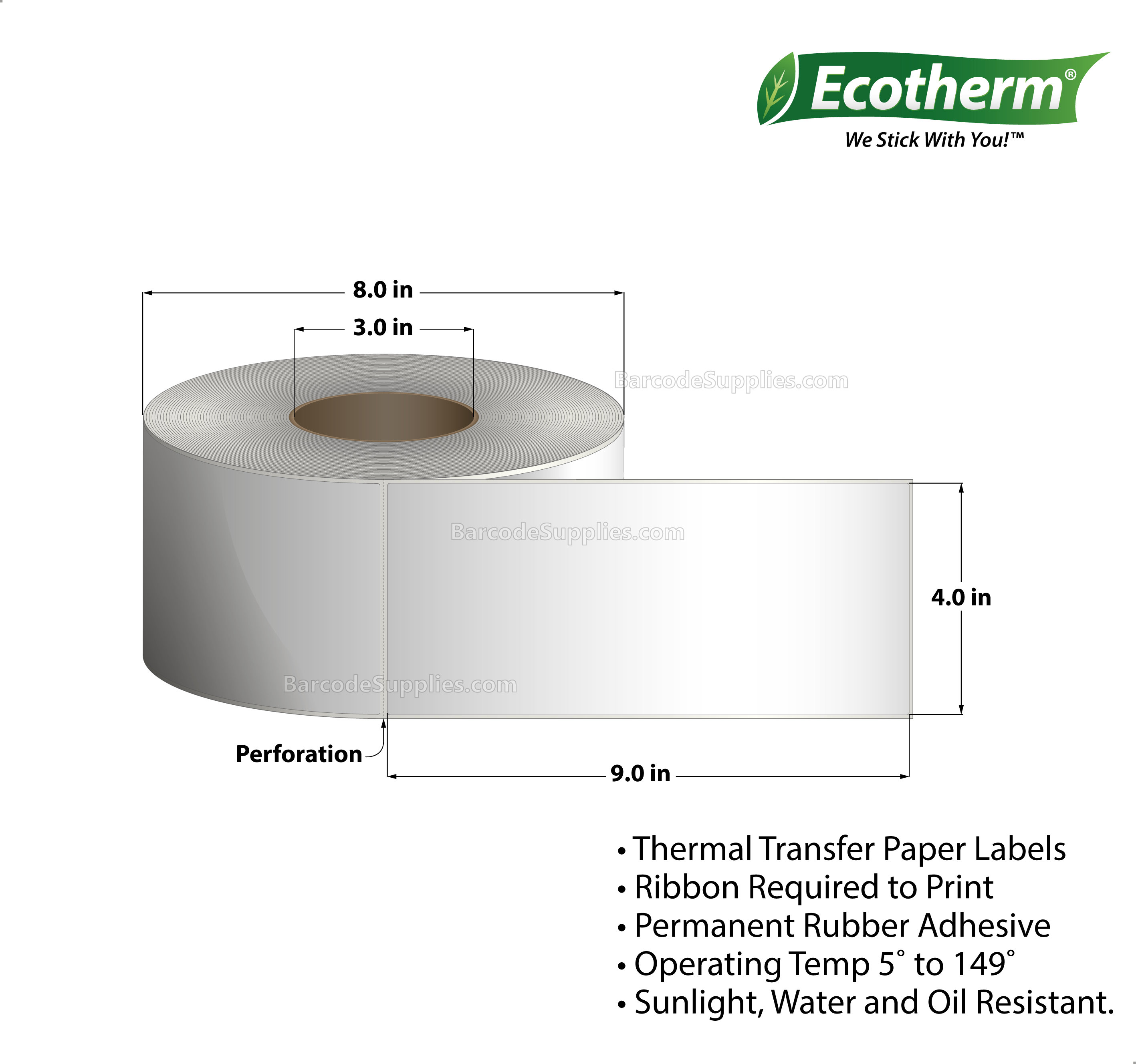4 x 9 Thermal Transfer White Labels With Rubber Adhesive - Perforated - 750 Labels Per Roll - Carton Of 4 Rolls - 3000 Labels Total - MPN: ECOTHERM28149-4