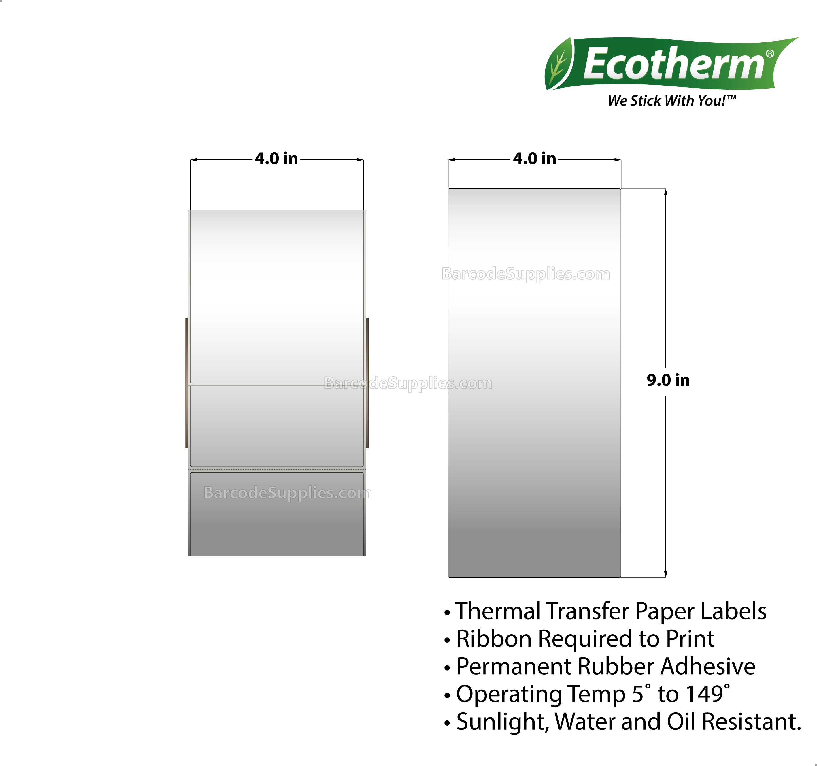 4 x 9 Thermal Transfer White Labels With Rubber Adhesive - Perforated - 750 Labels Per Roll - Carton Of 4 Rolls - 3000 Labels Total - MPN: ECOTHERM28149-4