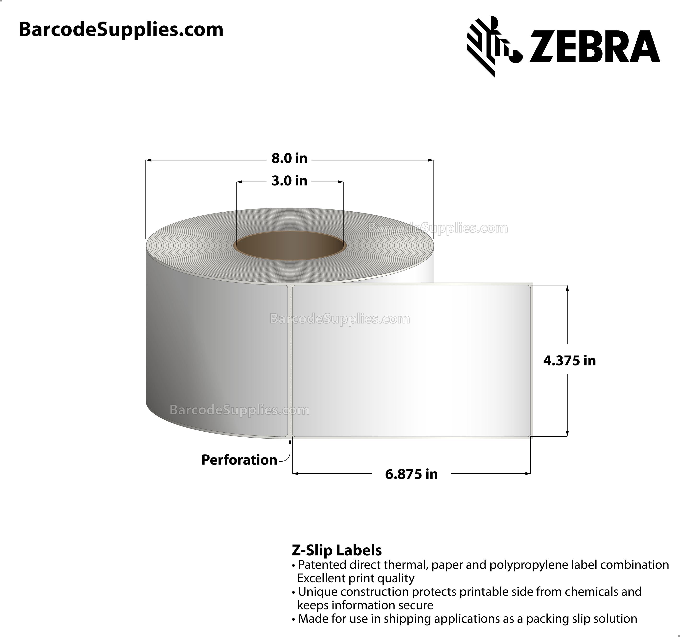 4.375 x 6.875 Direct Thermal White Z-Slip Labels With Permanent Adhesive - All-in-one packing slip solution - Perforated - 580 Labels Per Roll - Carton Of 4 Rolls - 2320 Labels Total - MPN: 10006703