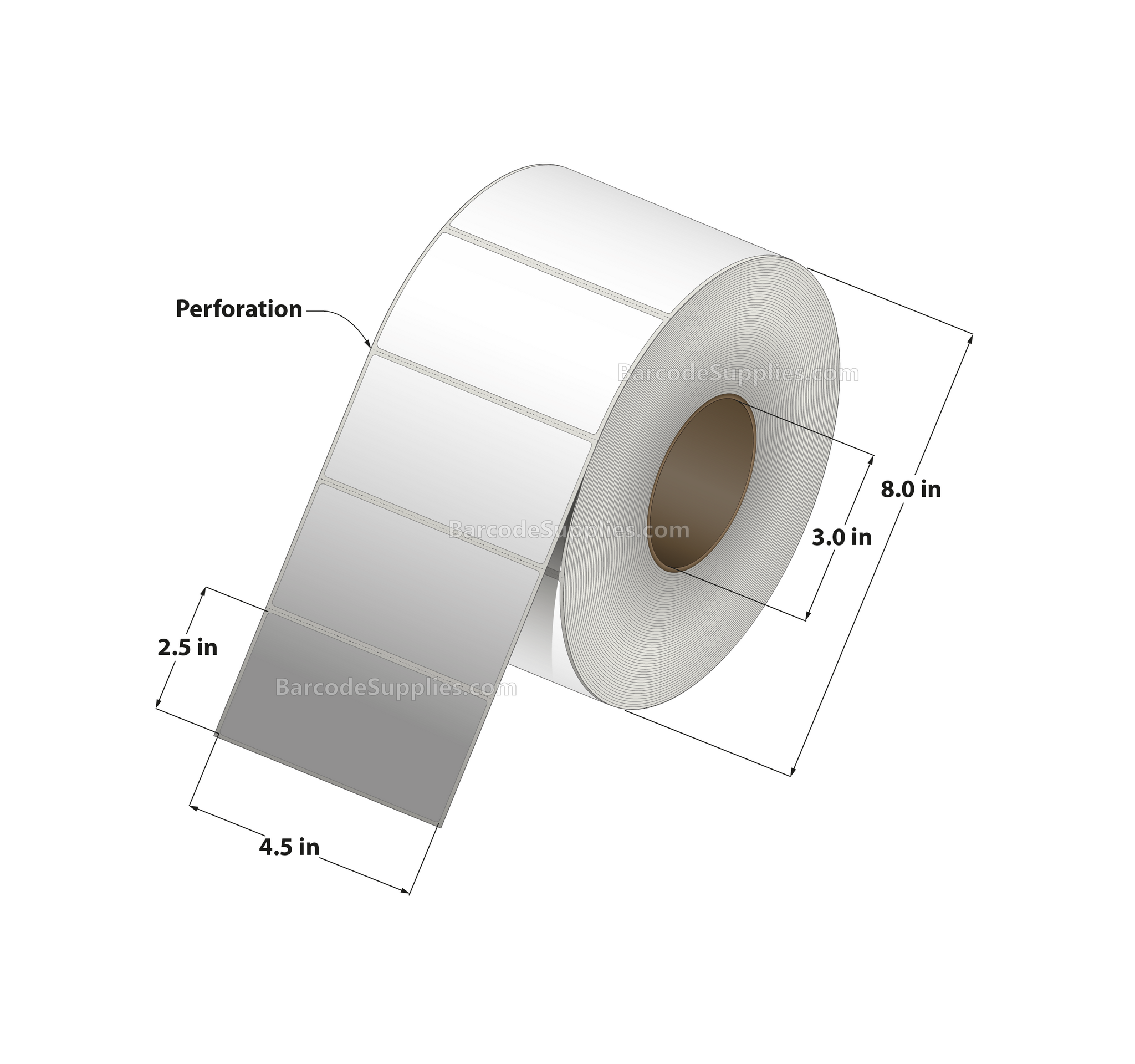 4.5 x 2.5 Direct Thermal White Labels With Acrylic Adhesive - Perforated - 2500 Labels Per Roll - Carton Of 4 Rolls - 10000 Labels Total - MPN: RD-45-25-2500-3 - BarcodeSource, Inc.