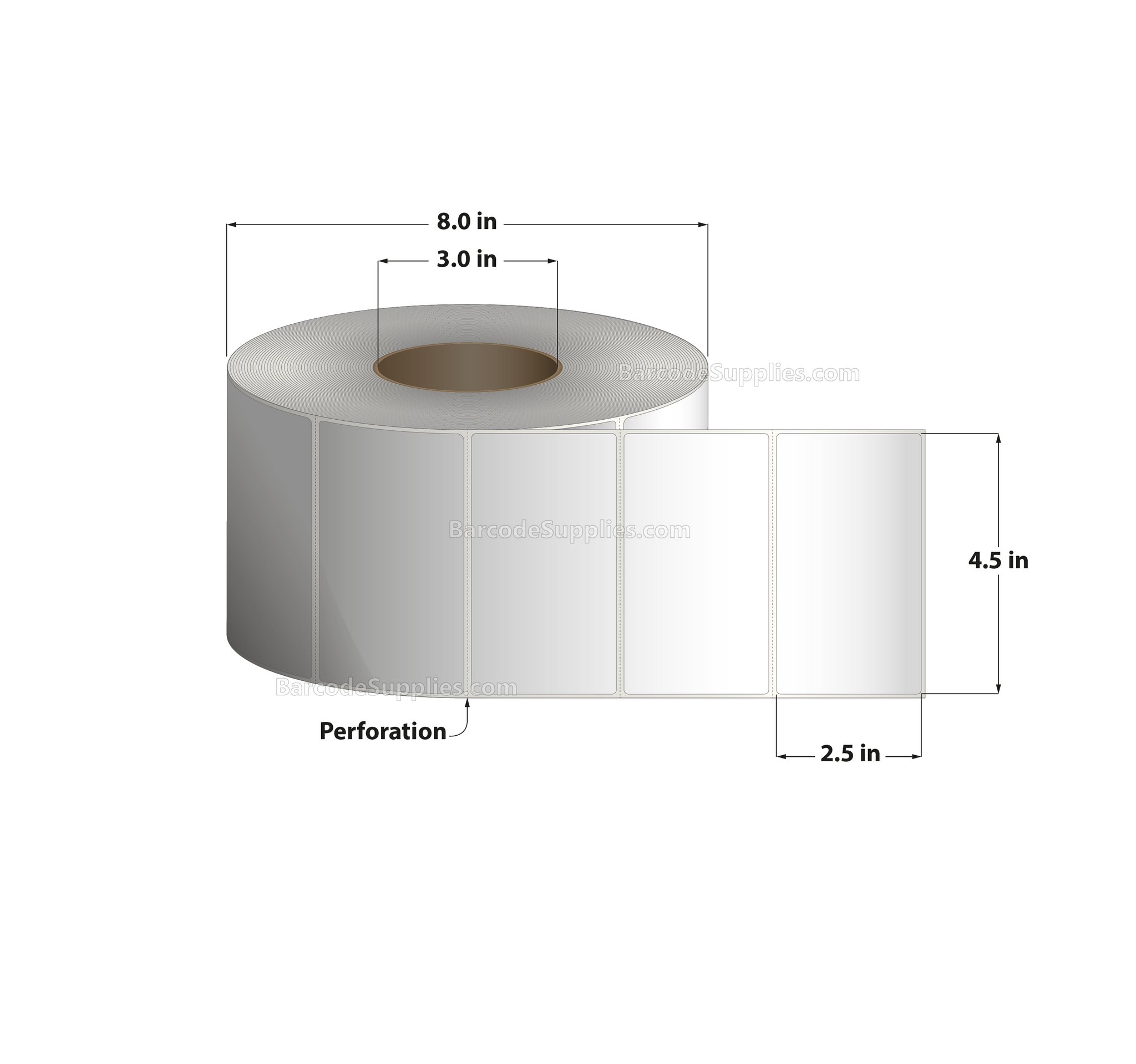 4.5 x 2.5 Direct Thermal White Labels With Acrylic Adhesive - Perforated - 2500 Labels Per Roll - Carton Of 4 Rolls - 10000 Labels Total - MPN: RD-45-25-2500-3 - BarcodeSource, Inc.