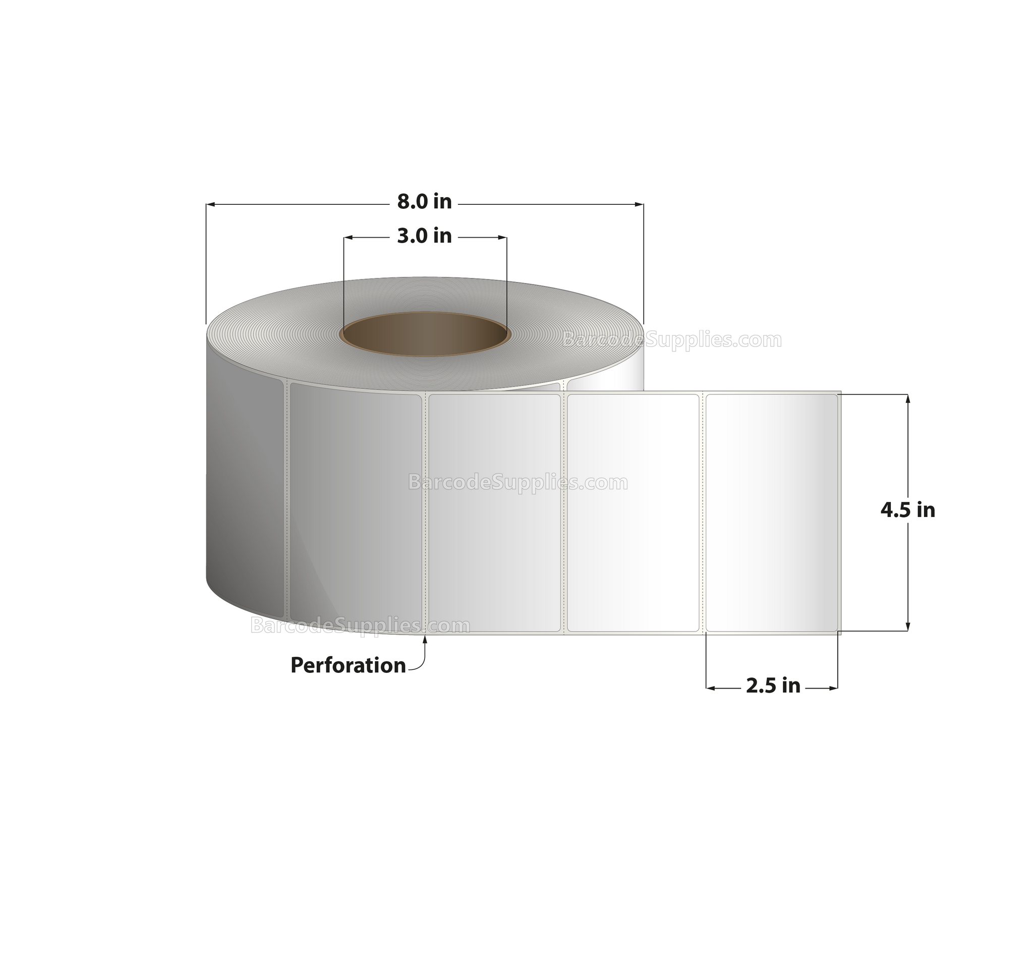 4.5 x 2.5 Thermal Transfer White Labels With Permanent Adhesive - Perforated - 2500 Labels Per Roll - Carton Of 4 Rolls - 10000 Labels Total - MPN: RT-45-25-2500-3