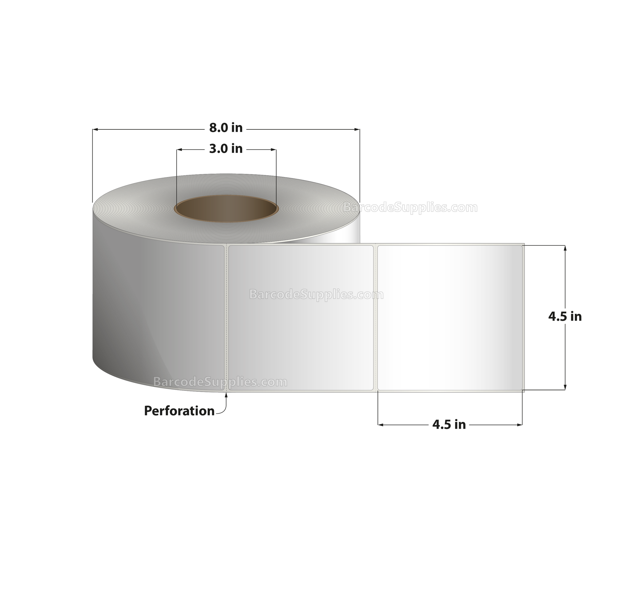 4.5 x 4.5 Direct Thermal White Labels With Acrylic Adhesive - Perforated - 1400 Labels Per Roll - Carton Of 4 Rolls - 5600 Labels Total - MPN: RD-45-45-1400-3 - BarcodeSource, Inc.