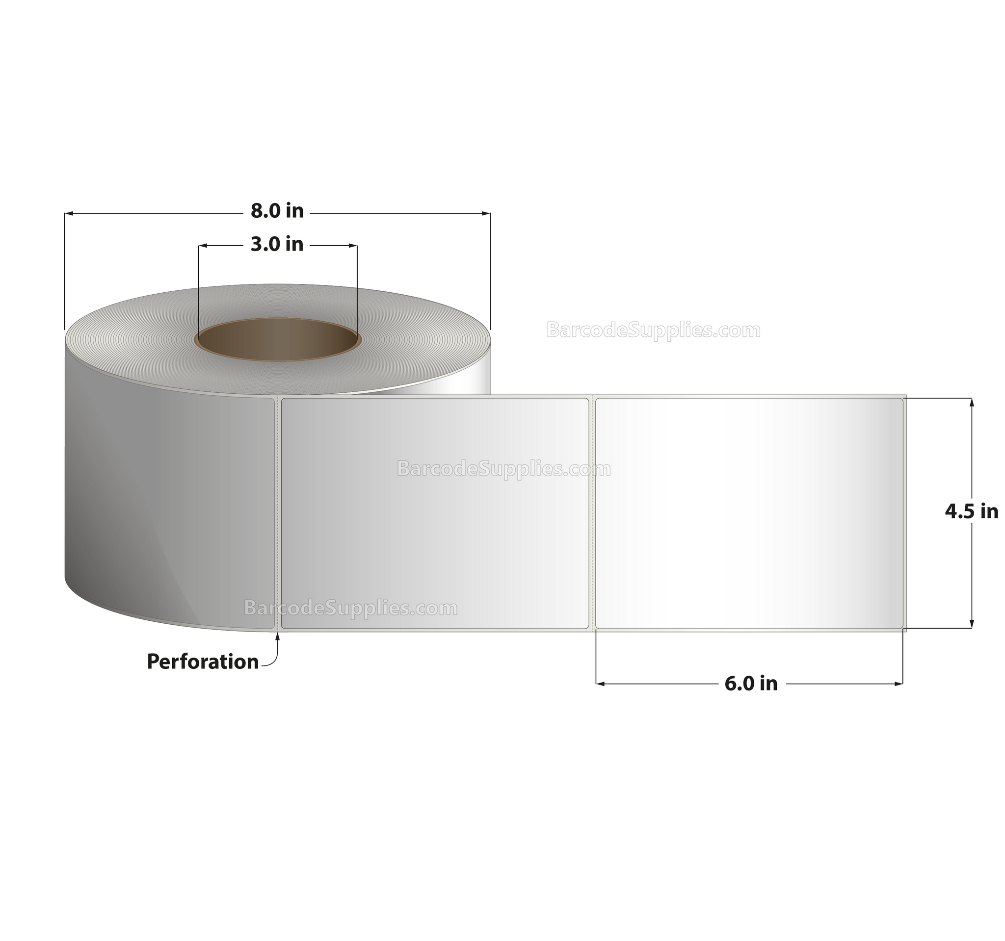 4.5 x 6 Direct Thermal White Labels With Acrylic Adhesive - Perforated - 1000 Labels Per Roll - Carton Of 4 Rolls - 4000 Labels Total - MPN: RD-45-6-1000-3 - BarcodeSource, Inc.