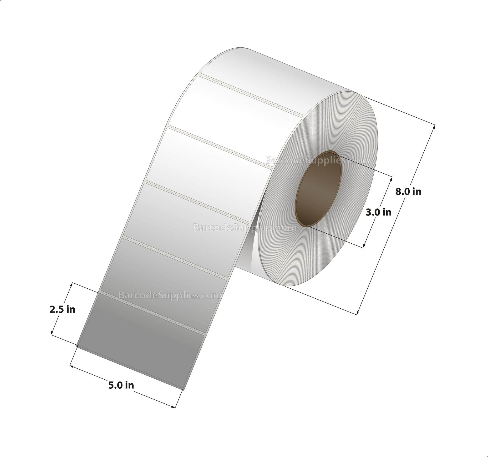5 x 2.5 Thermal Transfer White Labels With Permanent Adhesive - Perforated - 2500 Labels Per Roll - Carton Of 4 Rolls - 10000 Labels Total - MPN: RT-5-25-2500-3