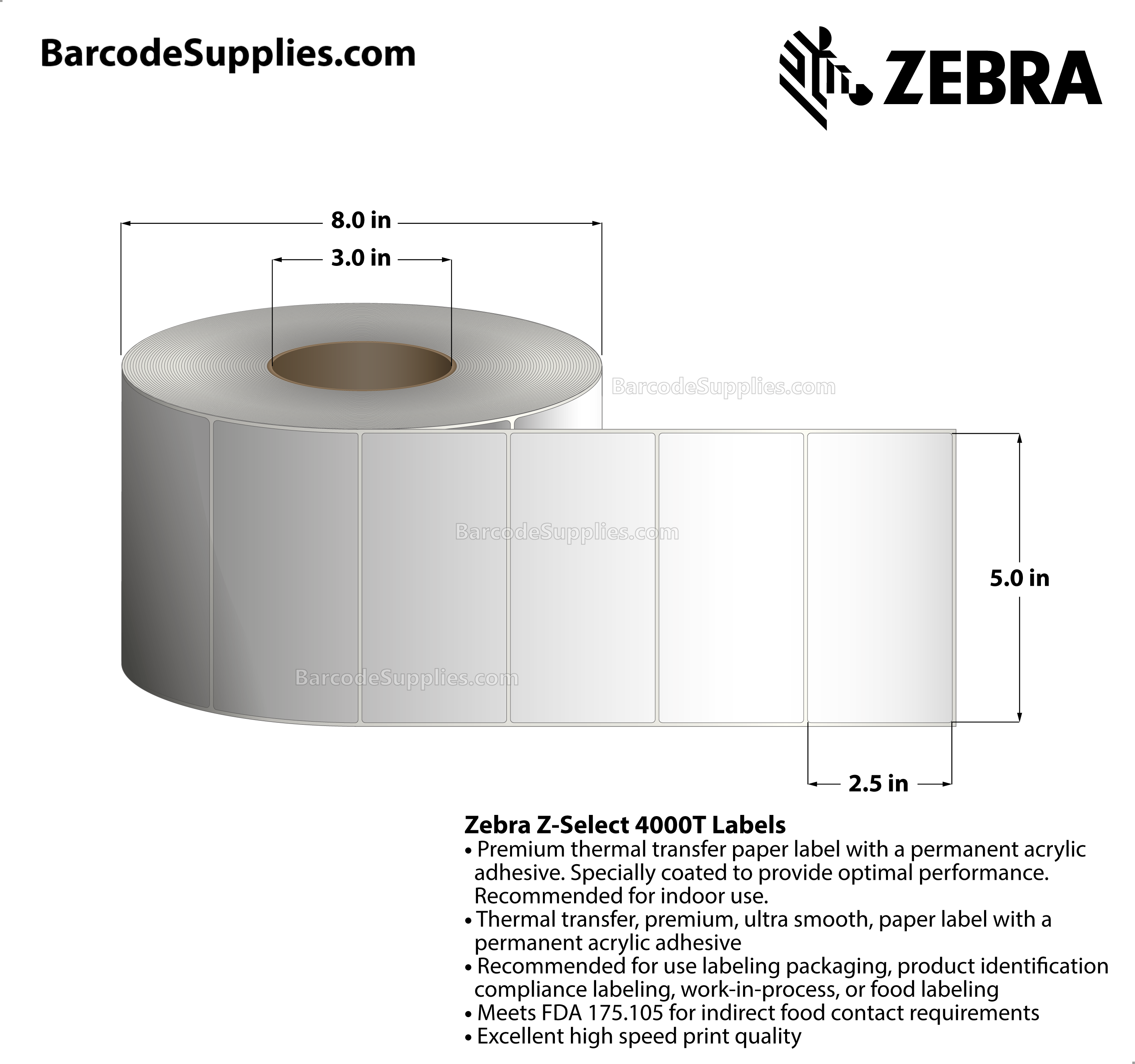 5 x 2.5 Thermal Transfer White Z-Select 4000T Labels With Permanent Adhesive - Not Perforated - 2220 Labels Per Roll - Carton Of 4 Rolls - 8880 Labels Total - MPN: 72298