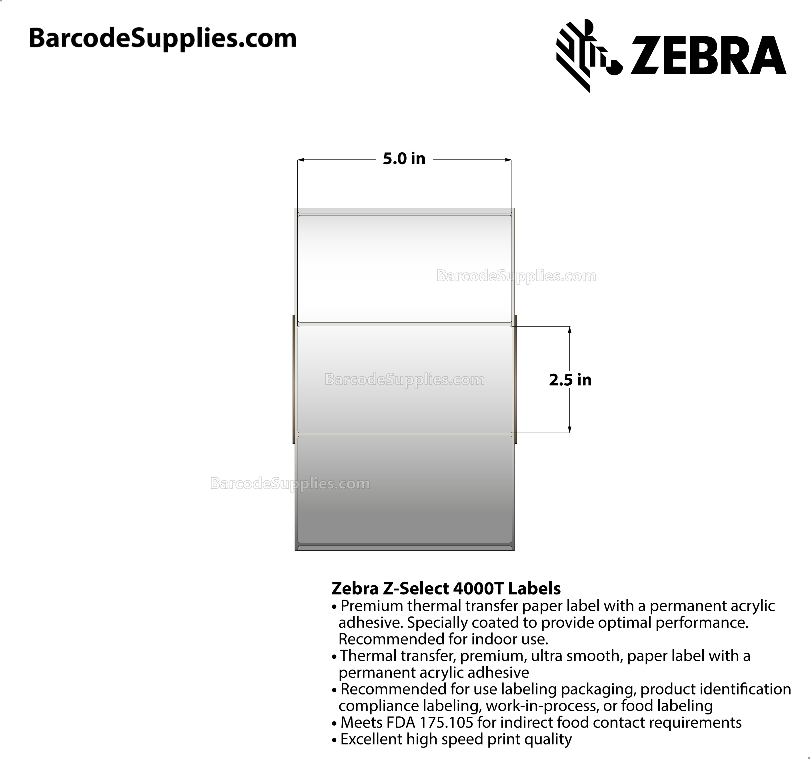 5 x 2.5 Thermal Transfer White Z-Select 4000T Labels With Permanent Adhesive - Not Perforated - 2220 Labels Per Roll - Carton Of 4 Rolls - 8880 Labels Total - MPN: 72298