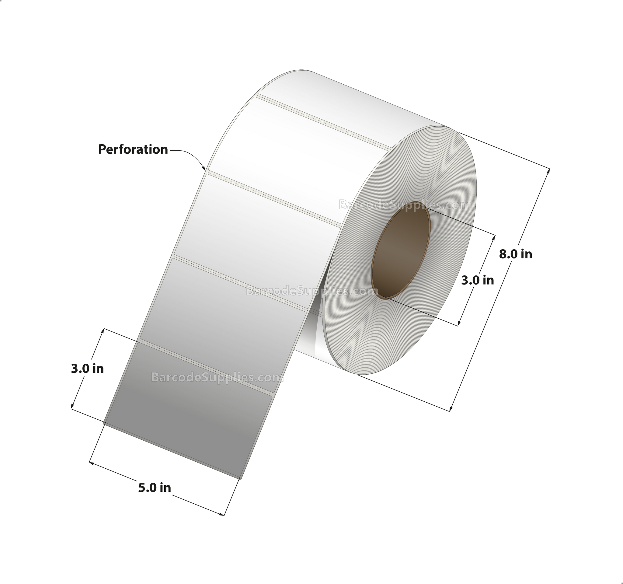 5 x 3 Thermal Transfer White Labels With Permanent Acrylic Adhesive - Perforated - 1900 Labels Per Roll - Carton Of 4 Rolls - 7600 Labels Total - MPN: TH53-1P