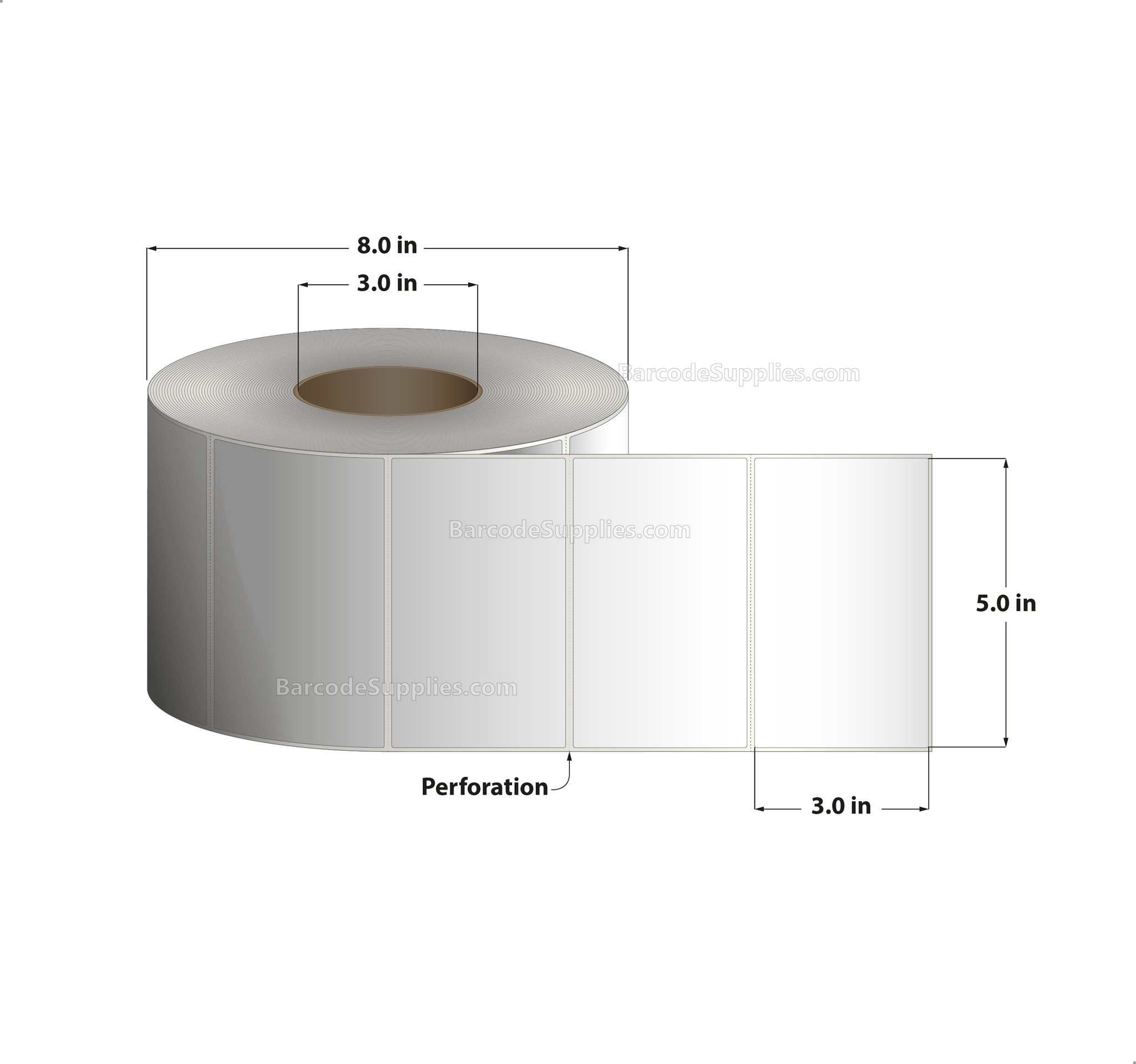 5 x 3 Thermal Transfer White Labels With Permanent Adhesive - Perforated - 1900 Labels Per Roll - Carton Of 4 Rolls - 7600 Labels Total - MPN: RT-5-3-1900-3