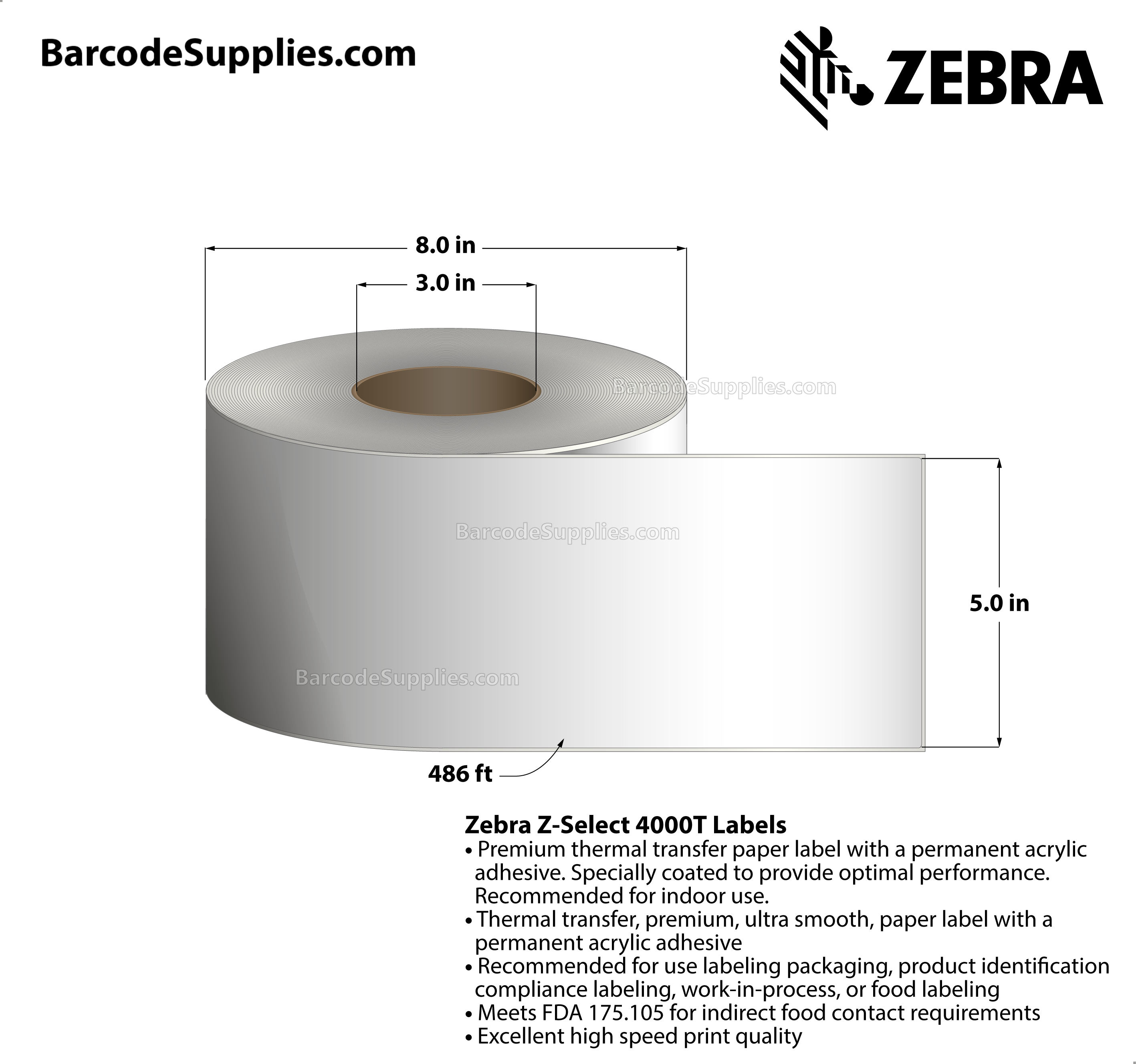 5 x 486' Thermal Transfer White Z-Select 4000T Labels With Permanent Adhesive - Continuous - Labels Per Roll - Carton Of 4 Rolls - 0 Labels Total - MPN: 72300