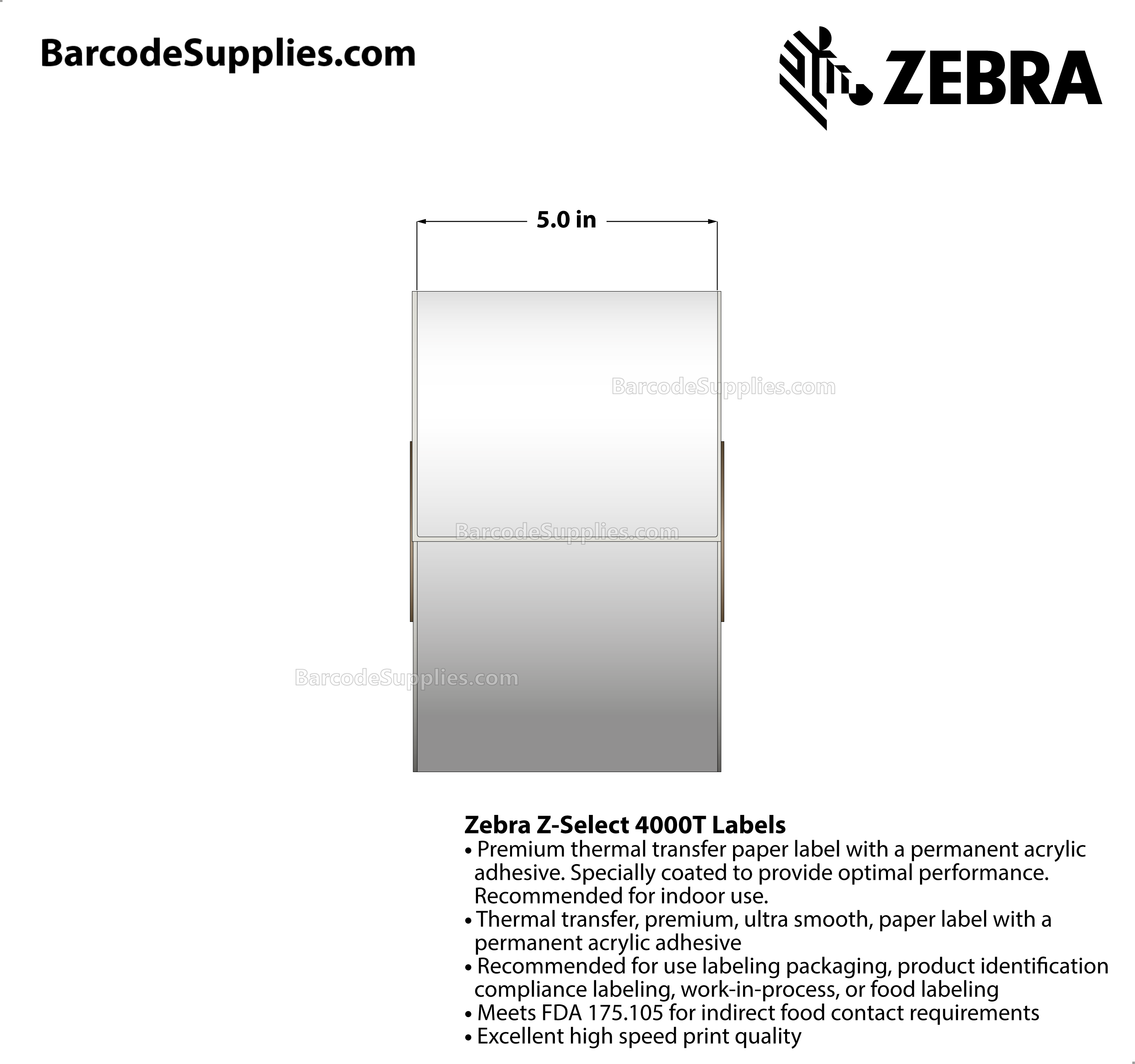 5 x 486' Thermal Transfer White Z-Select 4000T Labels With Permanent Adhesive - Continuous - Labels Per Roll - Carton Of 4 Rolls - 0 Labels Total - MPN: 72300