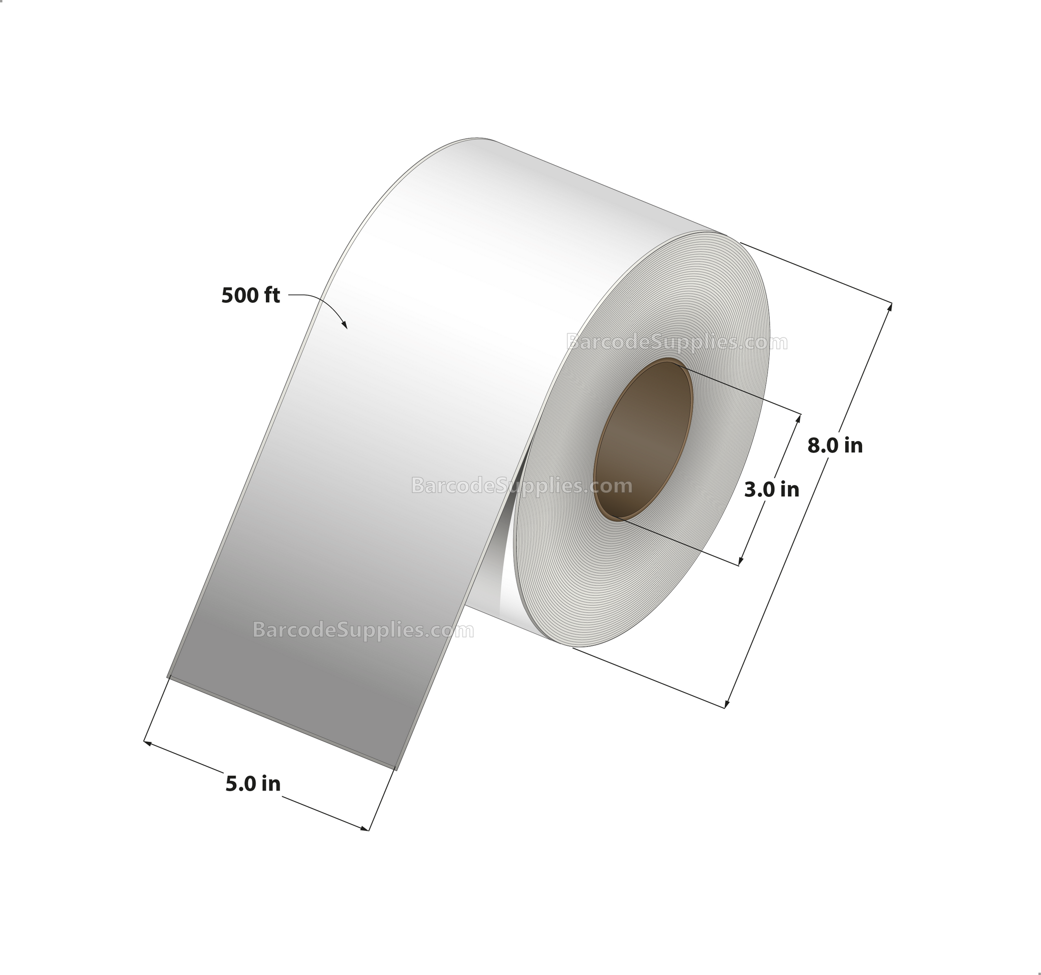 5 x 500' Thermal Transfer White Labels With Permanent Acrylic Adhesive - Not Perforated - 2000 Labels Per Roll - Carton Of 4 Rolls - 8000 Labels Total - MPN: TH4X500FT