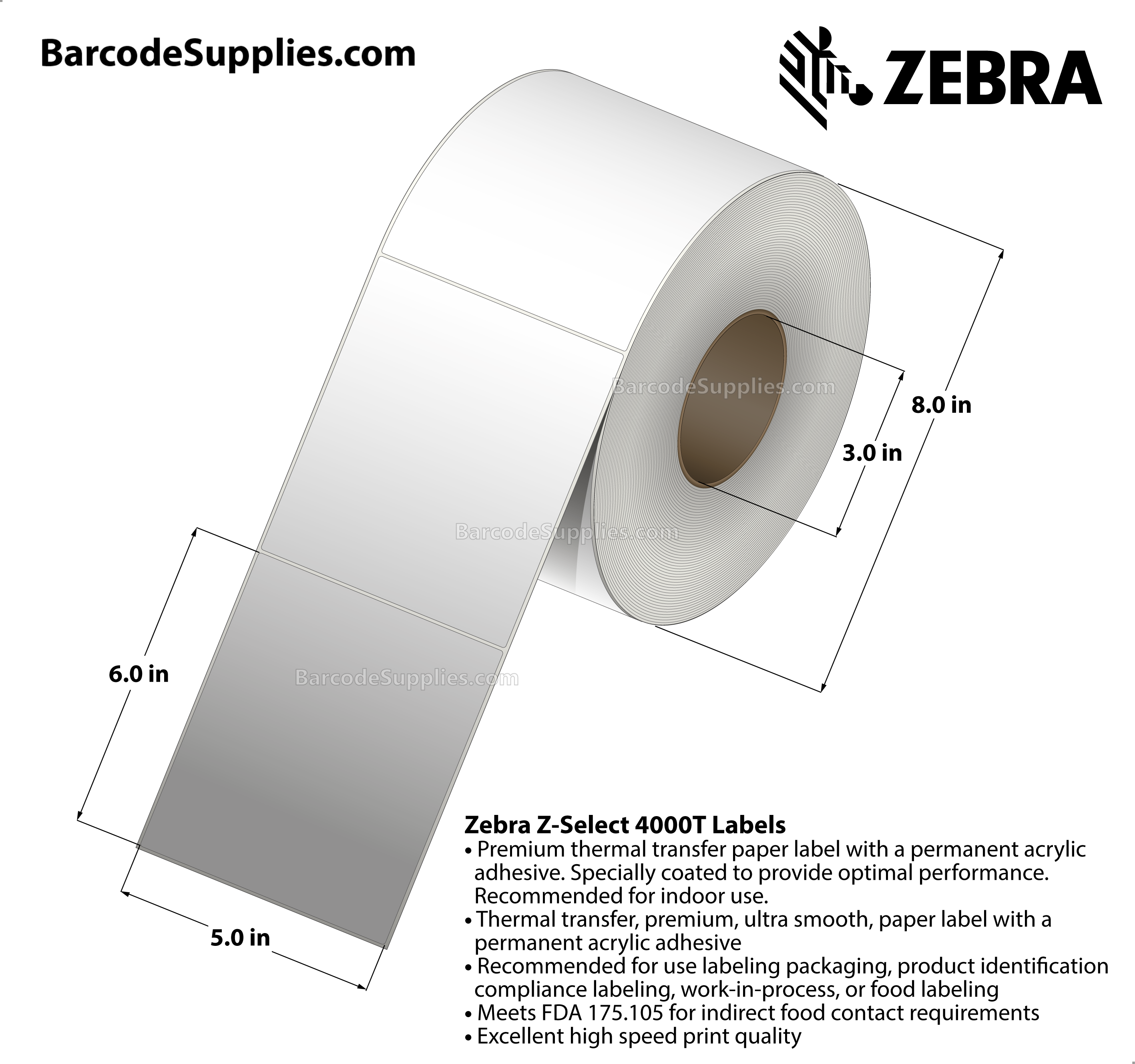 5 x 6 Thermal Transfer White Z-Select 4000T Labels With Permanent Adhesive - Not Perforated - 960 Labels Per Roll - Carton Of 4 Rolls - 3840 Labels Total - MPN: 72301