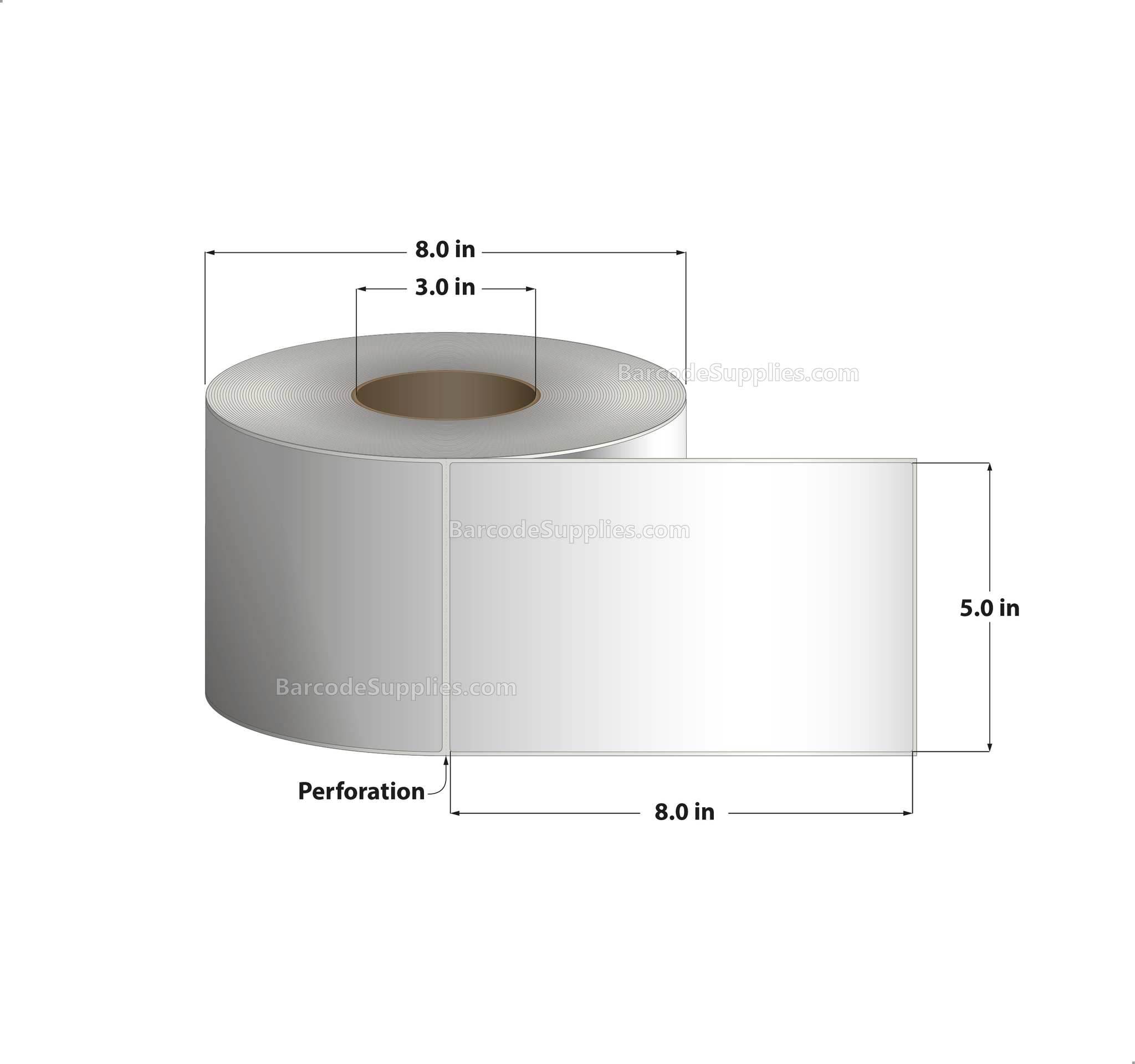 5 x 8 Thermal Transfer White Labels With Permanent Adhesive - Perforated - 750 Labels Per Roll - Carton Of 4 Rolls - 3000 Labels Total - MPN: RT-5-8-750-3