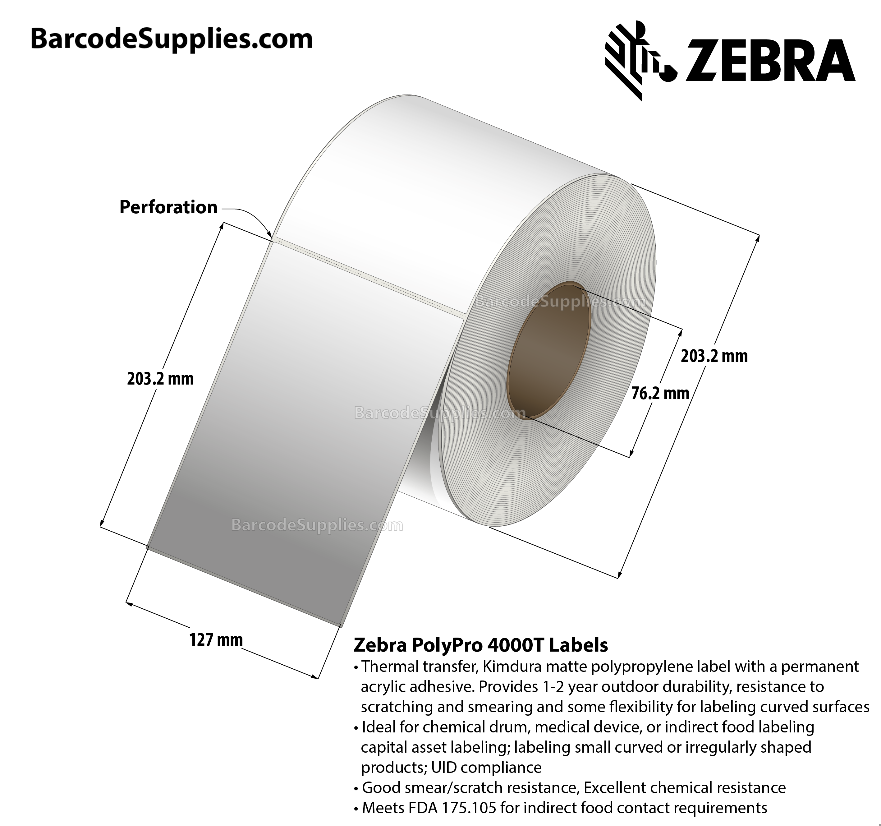 5 x 8 Thermal Transfer White PolyPro 4000T Labels With Permanent Adhesive - Perforated - 560 Labels Per Roll - Carton Of 4 Rolls - 2240 Labels Total - MPN: 10014715